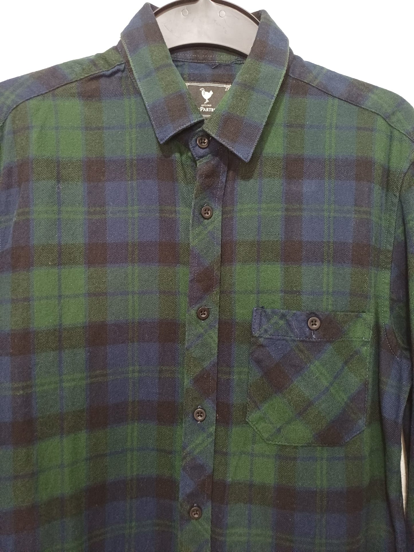 Men's Flannel Shirt John Partridge Green/Navy Size Small Approx. 18" PTP - Great Condition