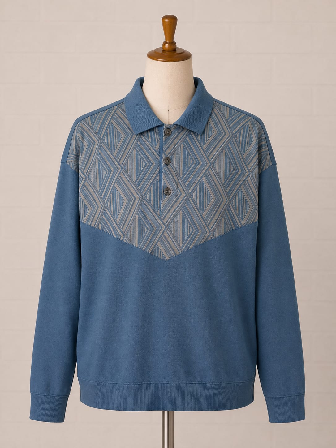 Men's Long Sleeve Polo Shirt Collection Tricot Misto Lana Blue Geometric Pattern Size 52 (M/L) Approx. 20.5" PTP - Good Condition