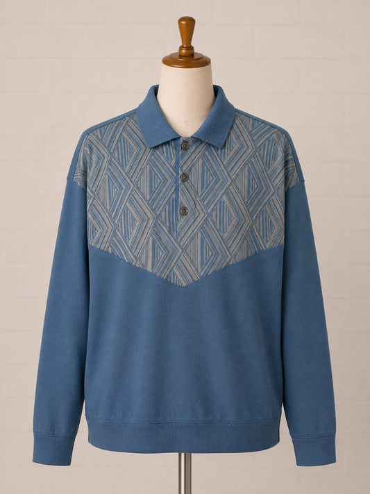 Men's Long Sleeve Polo Shirt Collection Tricot Misto Lana Blue Geometric Pattern Size 52 (M/L) Approx. 20.5" PTP - Good Condition