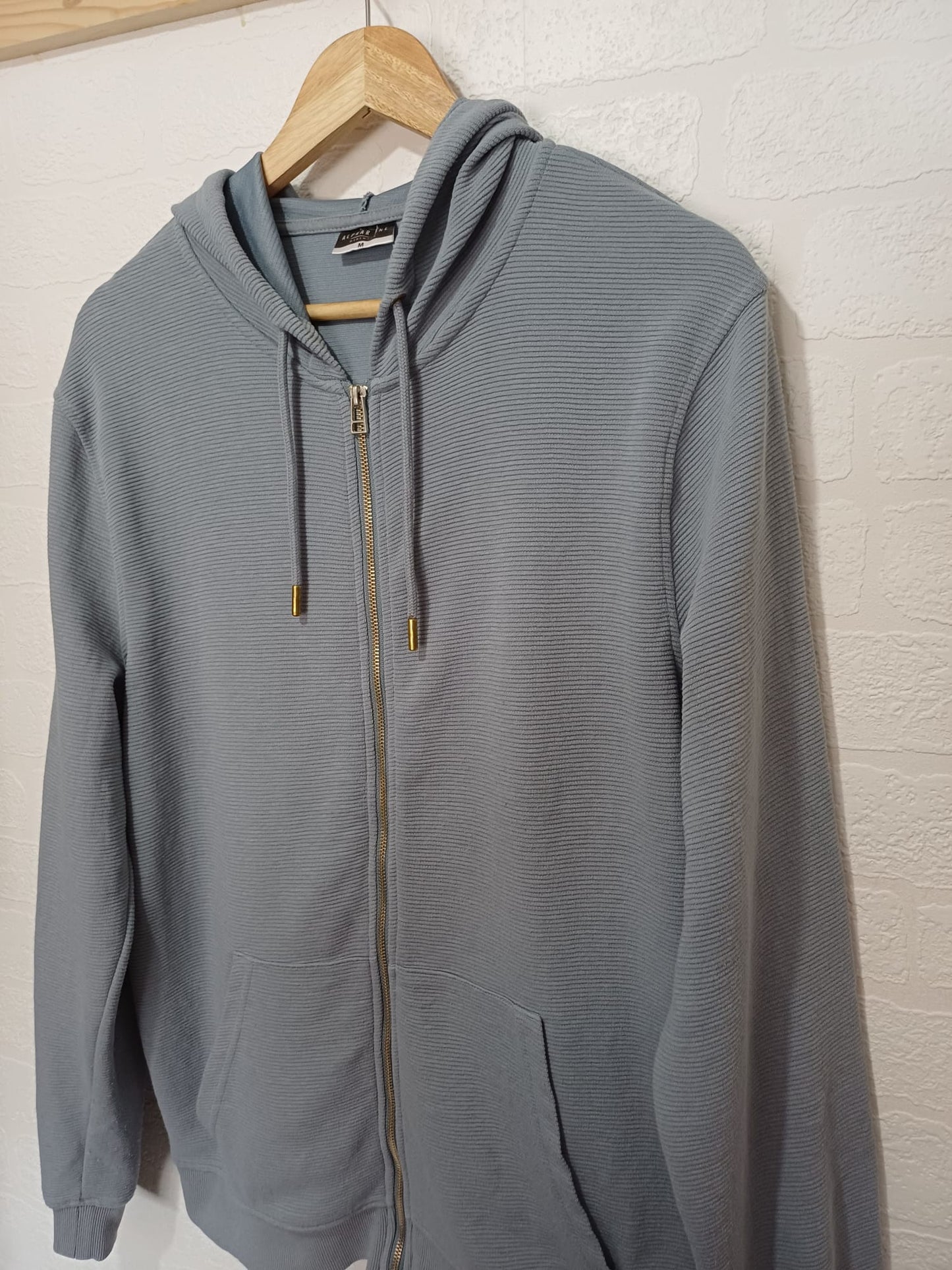 Men's Hoodie Alpha One Blue Grey Ribbed Textured Full Zip Medium Approx. 22" PTP - Good Condition