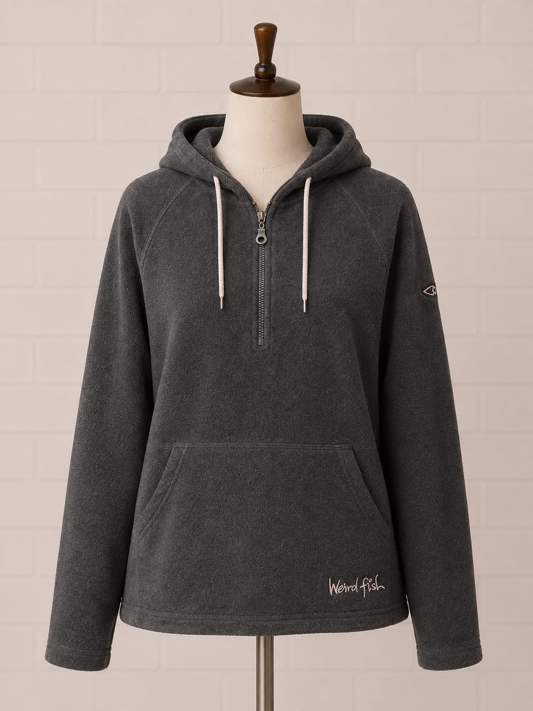 Women's Fleece Hoodie Weird Fish Grey 1/4 Zip Small Approx. 19.5" PTP - Good Condition