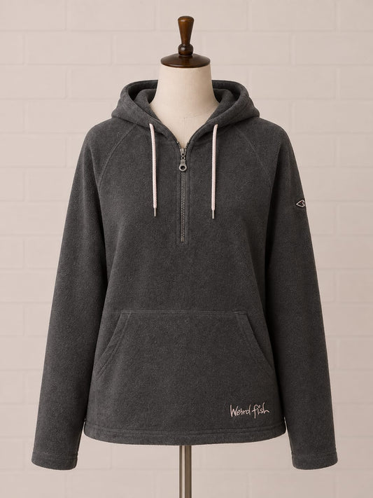 Women's Fleece Hoodie Weird Fish Grey 1/4 Zip Small Approx. 19.5" PTP - Good Condition
