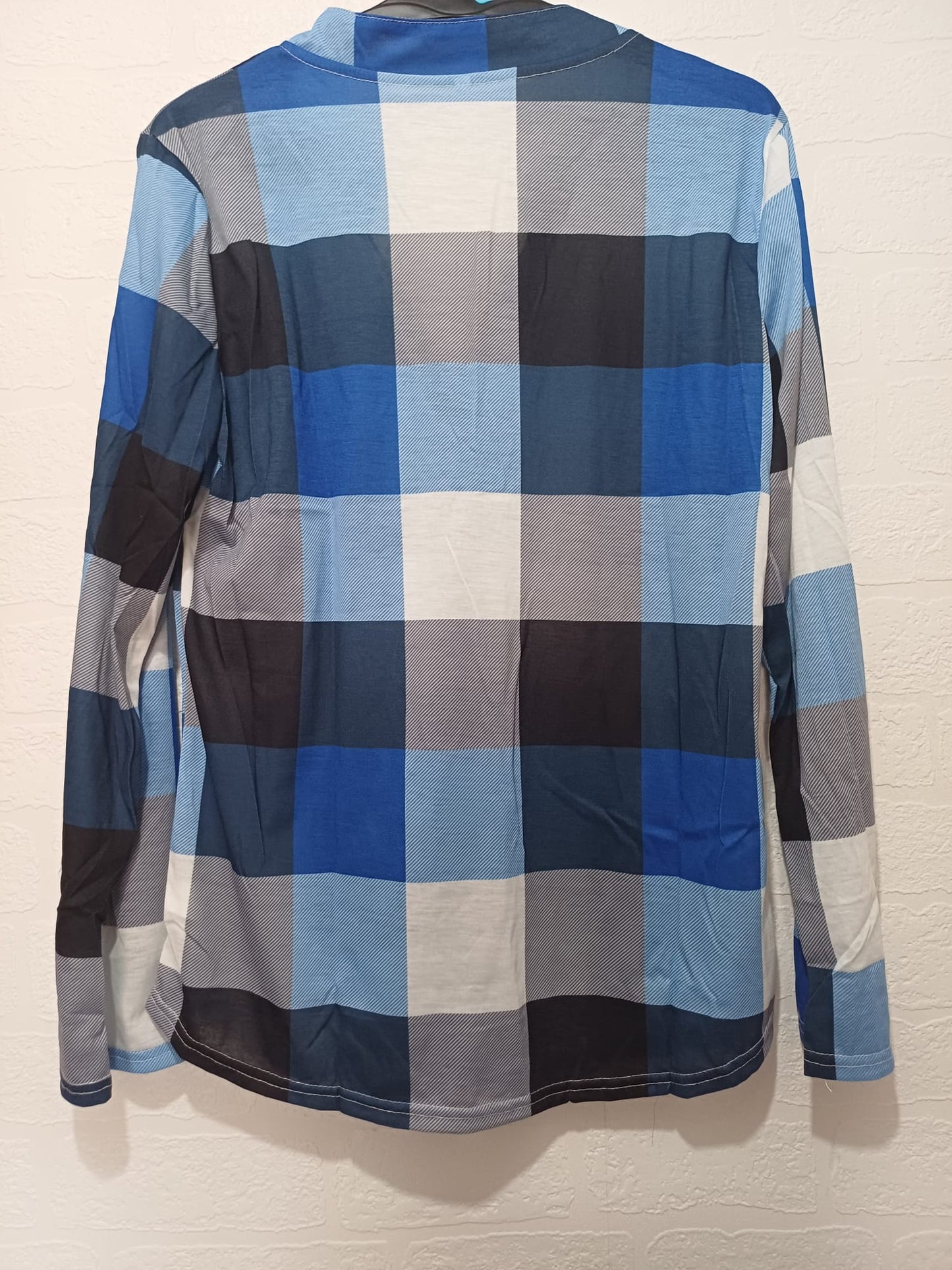 Women's Top Blue Check Long Sleeve V-Neck Button Tab Sleeves Size 12 Approx. 19" PTP - Brand New Without Tags