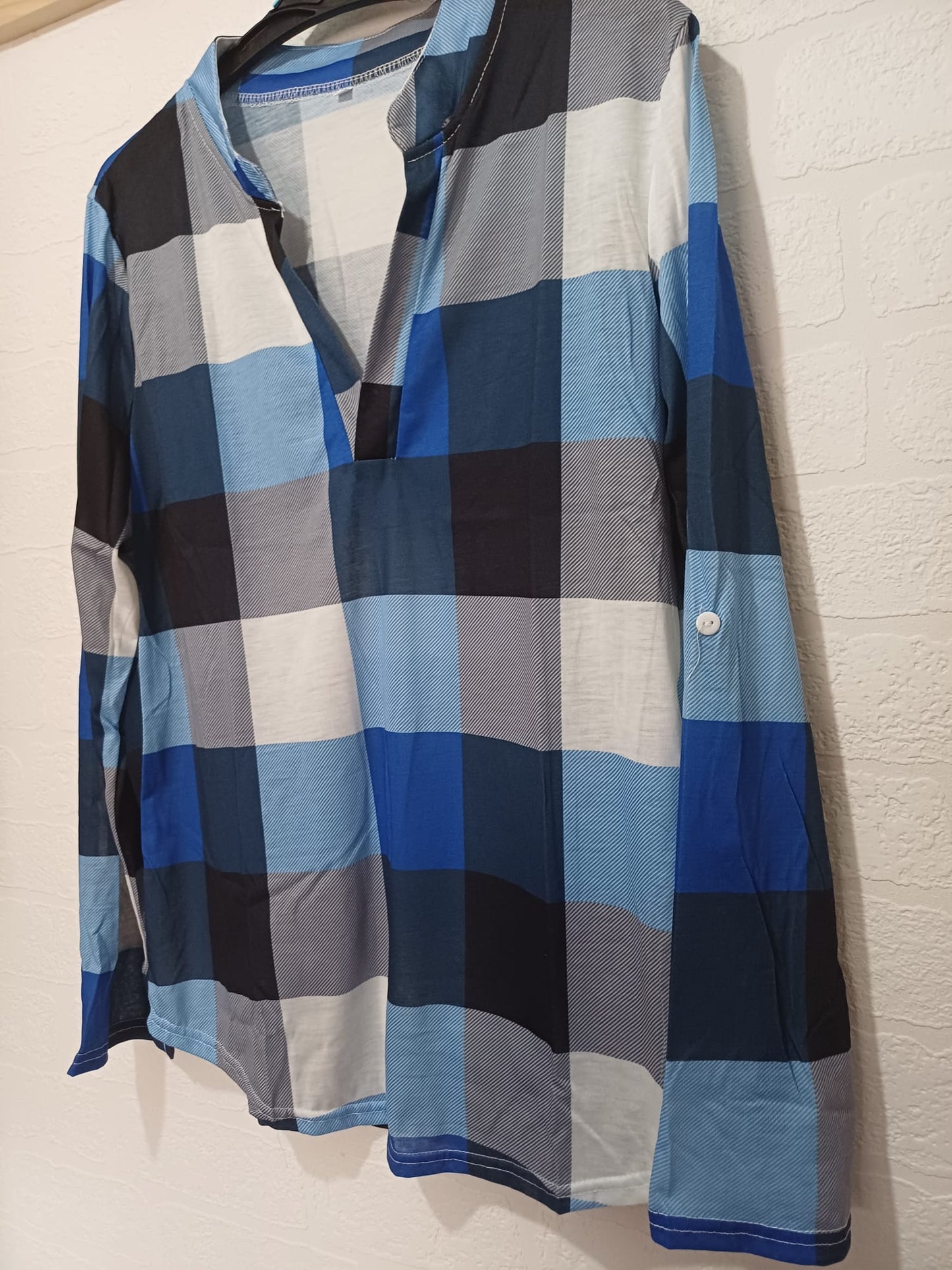 Women's Top Blue Check Long Sleeve V-Neck Button Tab Sleeves Size 12 Approx. 19" PTP - Brand New Without Tags