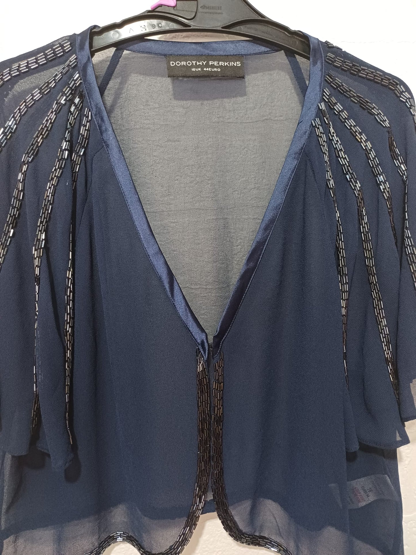 Women's Shrug Bolero Dorothy Perkins Navy Chiffon Beaded Detail Short Sleeve 1 Button Size 16 Approx. 20" PTP - Very Good Condition