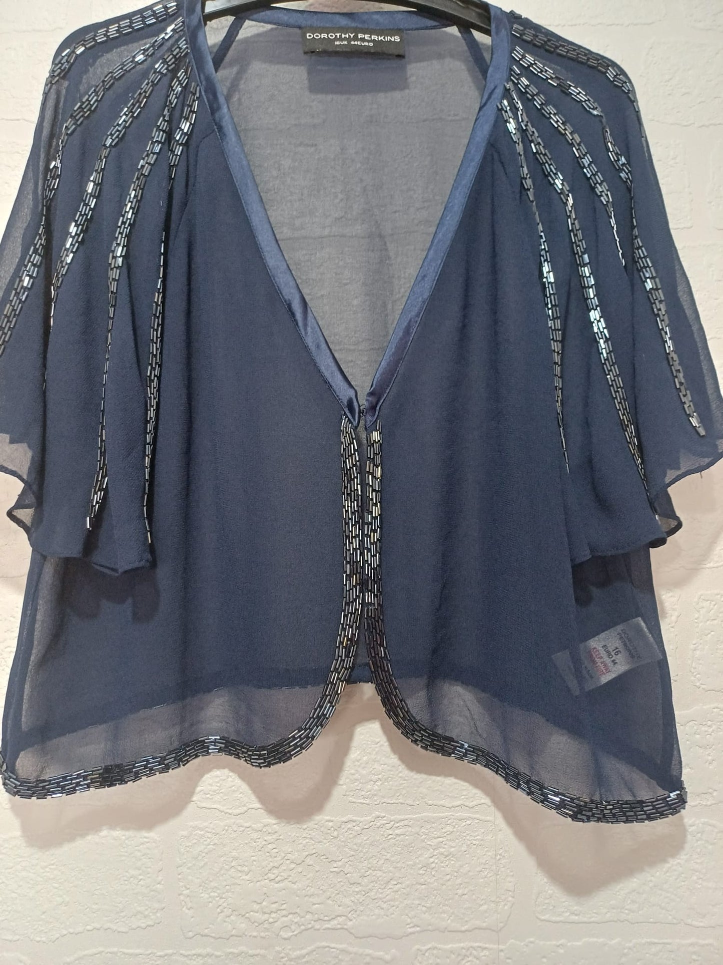 Women's Shrug Bolero Dorothy Perkins Navy Chiffon Beaded Detail Short Sleeve 1 Button Size 16 Approx. 20" PTP - Very Good Condition