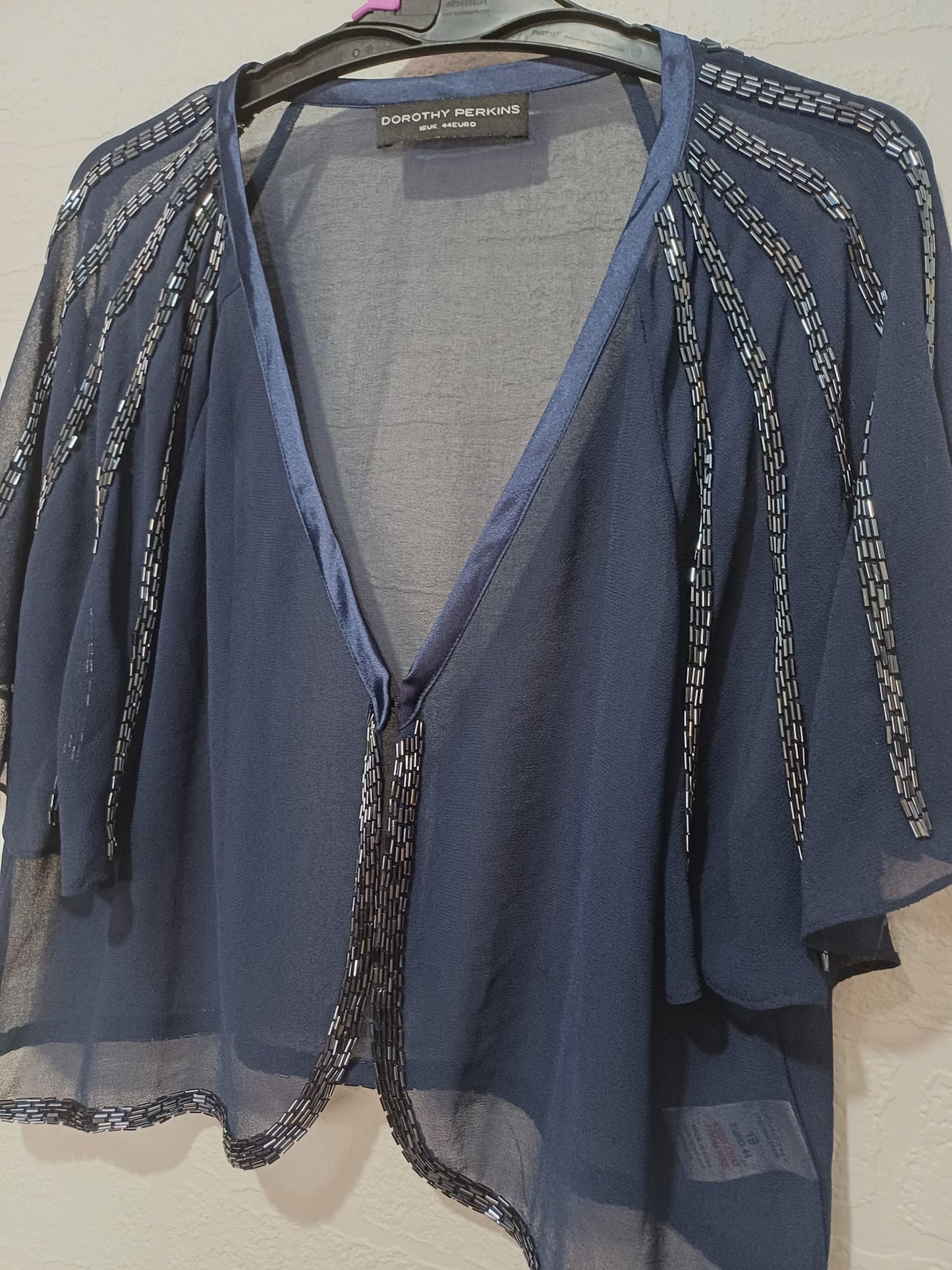 Women's Shrug Bolero Dorothy Perkins Navy Chiffon Beaded Detail Short Sleeve 1 Button Size 16 Approx. 20" PTP - Very Good Condition