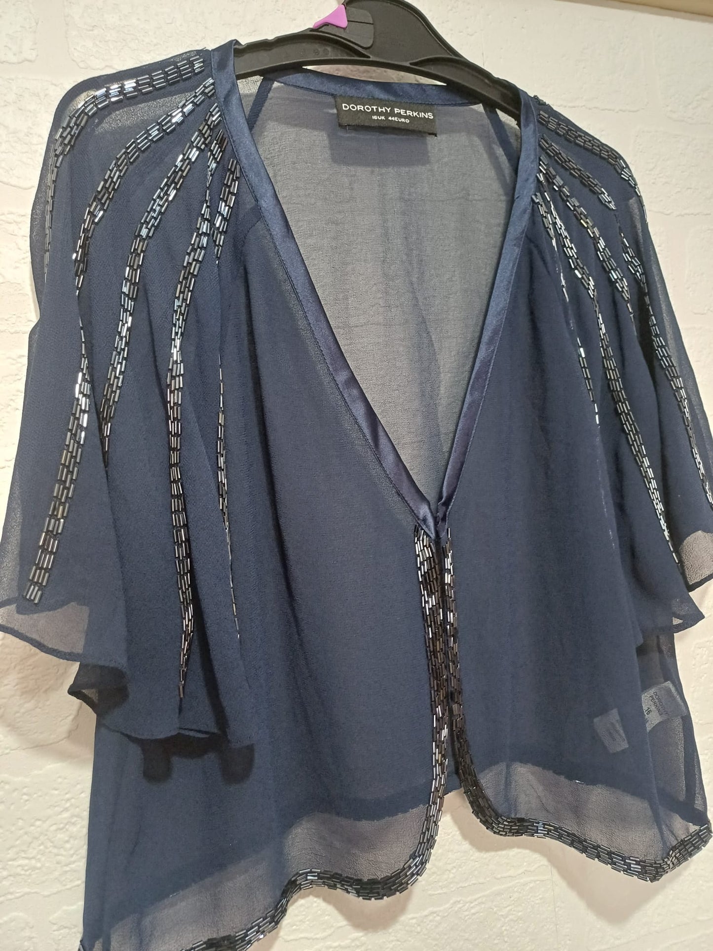 Women's Shrug Bolero Dorothy Perkins Navy Chiffon Beaded Detail Short Sleeve 1 Button Size 16 Approx. 20" PTP - Very Good Condition