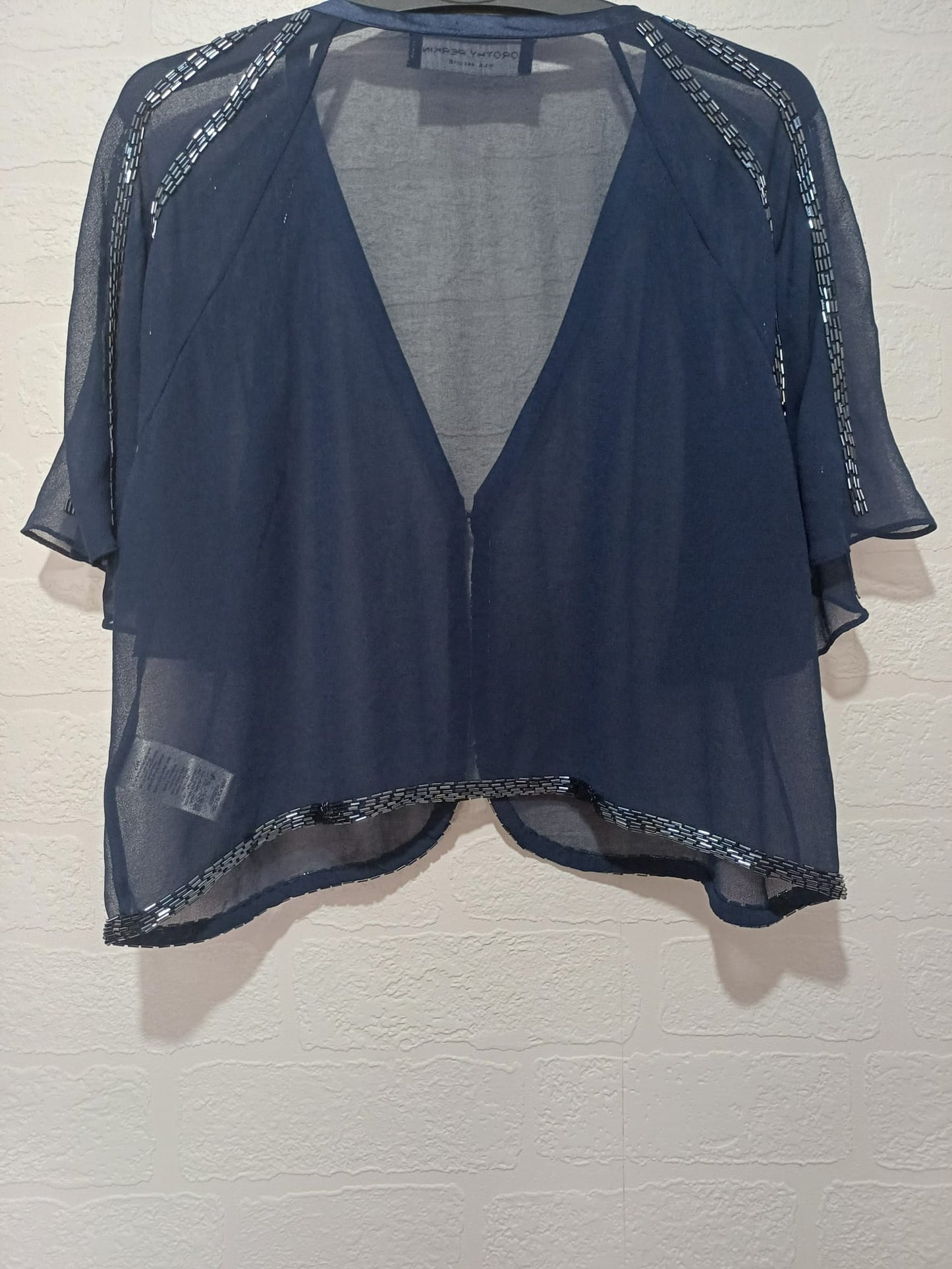 Women's Shrug Bolero Dorothy Perkins Navy Chiffon Beaded Detail Short Sleeve 1 Button Size 16 Approx. 20" PTP - Very Good Condition