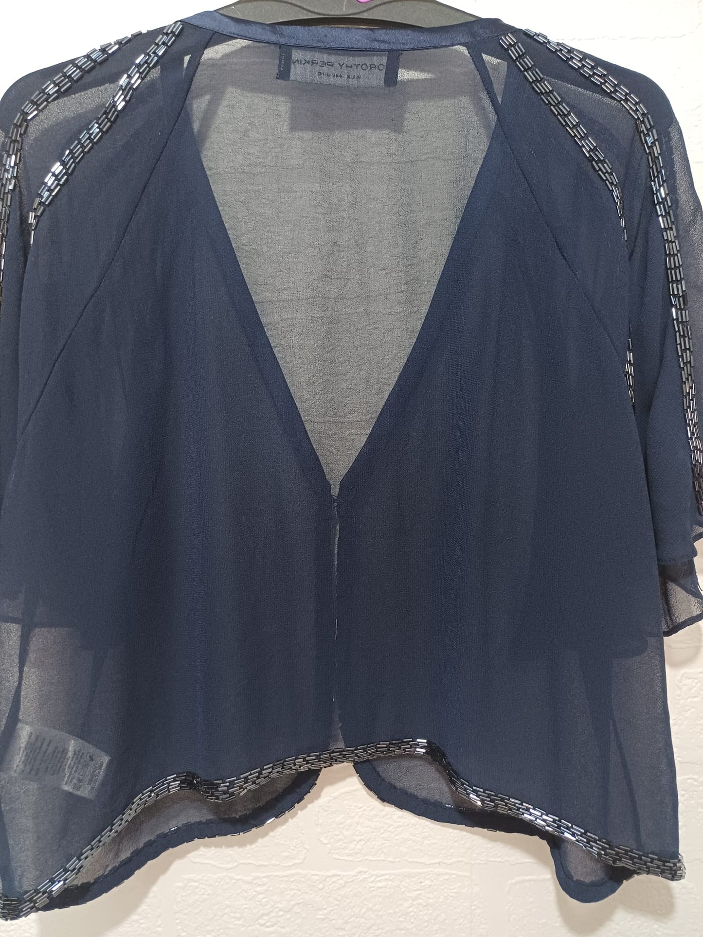 Women's Shrug Bolero Dorothy Perkins Navy Chiffon Beaded Detail Short Sleeve 1 Button Size 16 Approx. 20" PTP - Very Good Condition