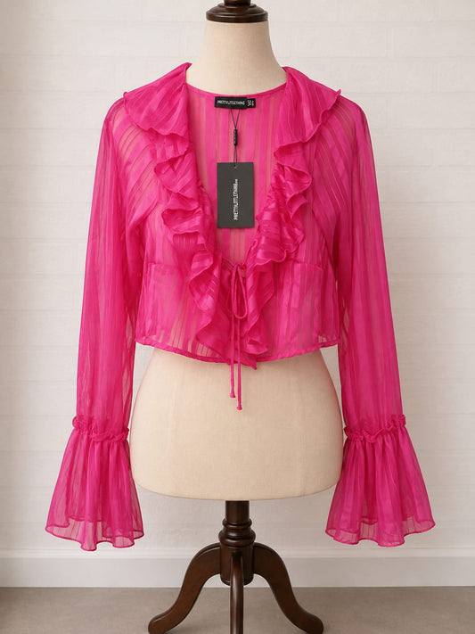 Women's Blouse PrettyLittleThing Pink Sheer Ruffle Tie Front Bell Sleeves Size 4 Approx. 15" PTP - Brand New With Tags