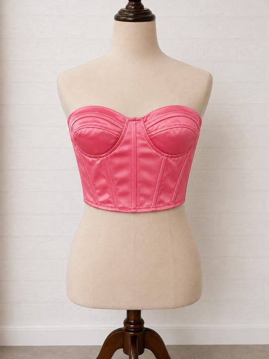 Women's Crop Top PrettyLittleThing Hot Pink Satin Corset Bandeau Padded Cups Zip Back Size 8 Approx. 16" PTP - Brand New With Tags