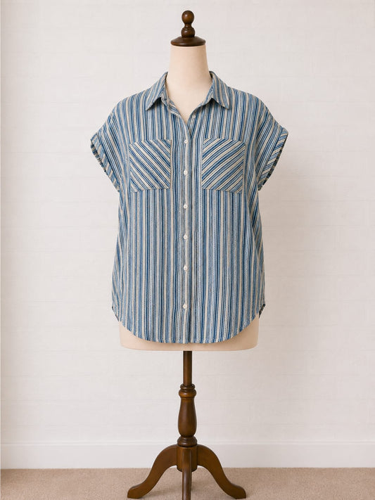 Women's Blouse Blue & Grey Stripe 100% Cotton Size XS Approx. 22" PTP - Brand New With Tags