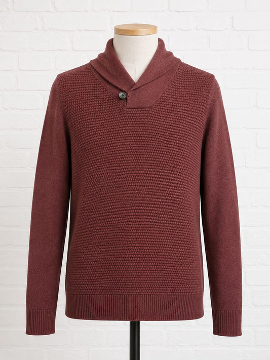 Men's Jumper George Burgundy Textured Knit Shawl Collar Single Button Size M - Very Good Condition