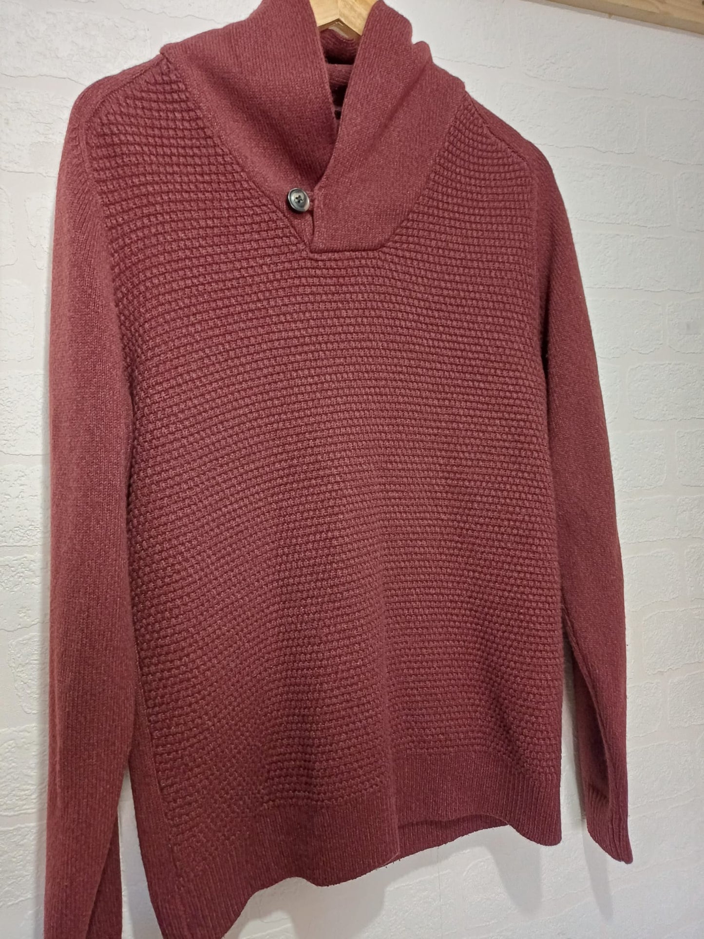 Men's Jumper George Burgundy Textured Knit Shawl Collar Single Button Size M - Very Good Condition