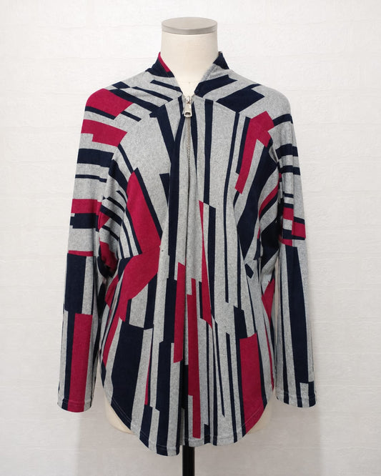 Women's Top Apricot Grey Burgundy Navy Blue Striped Zip Front High Neck Batwing Size 10 - Very Good Condition