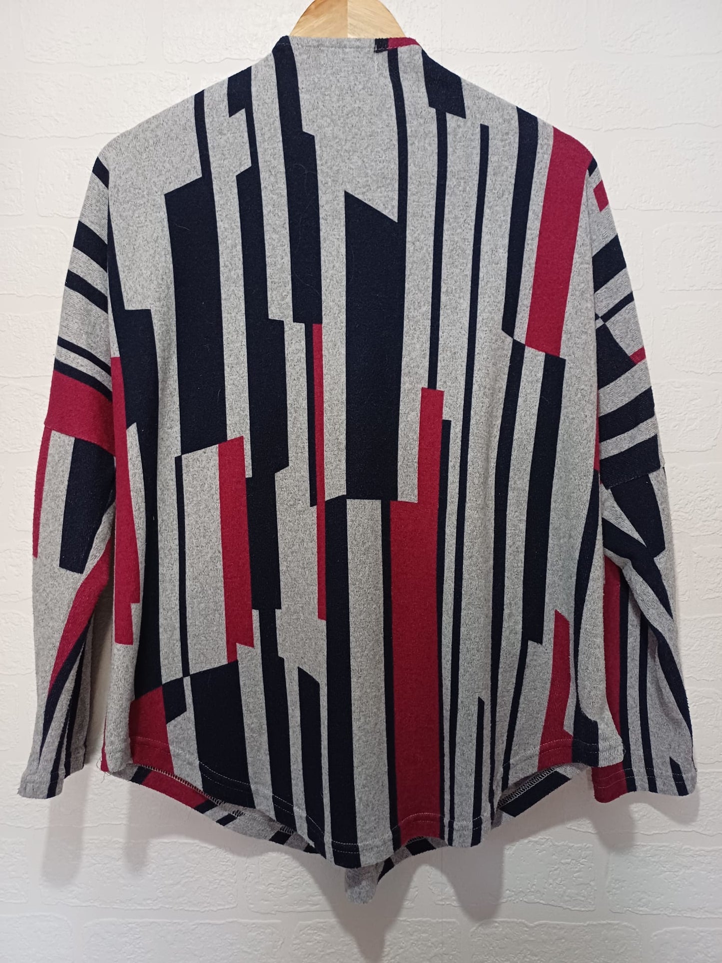 Women's Top Apricot Grey Burgundy Navy Blue Striped Zip Front High Neck Batwing Size 10 - Very Good Condition