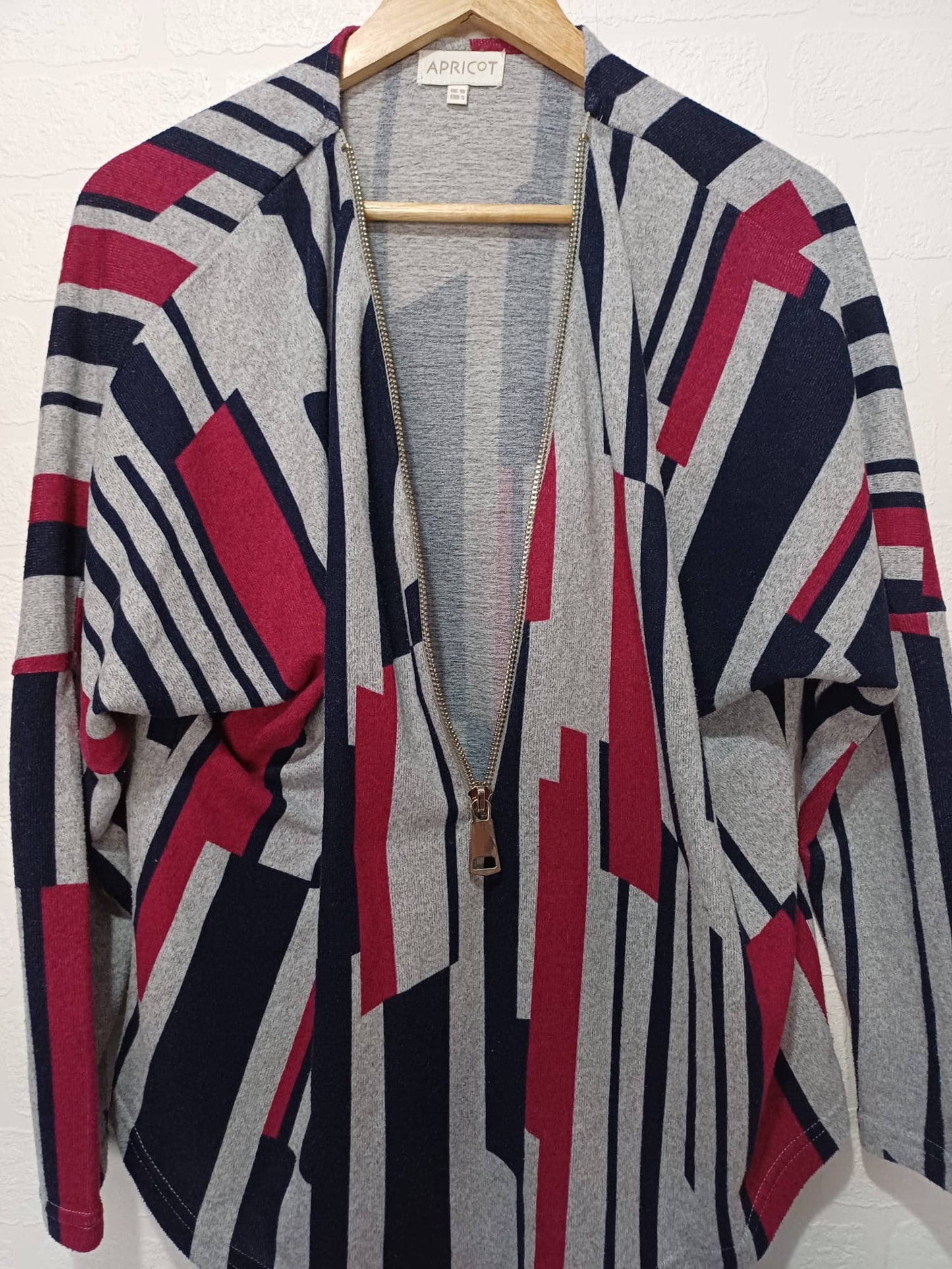 Women's Top Apricot Grey Burgundy Navy Blue Striped Zip Front High Neck Batwing Size 10 - Very Good Condition