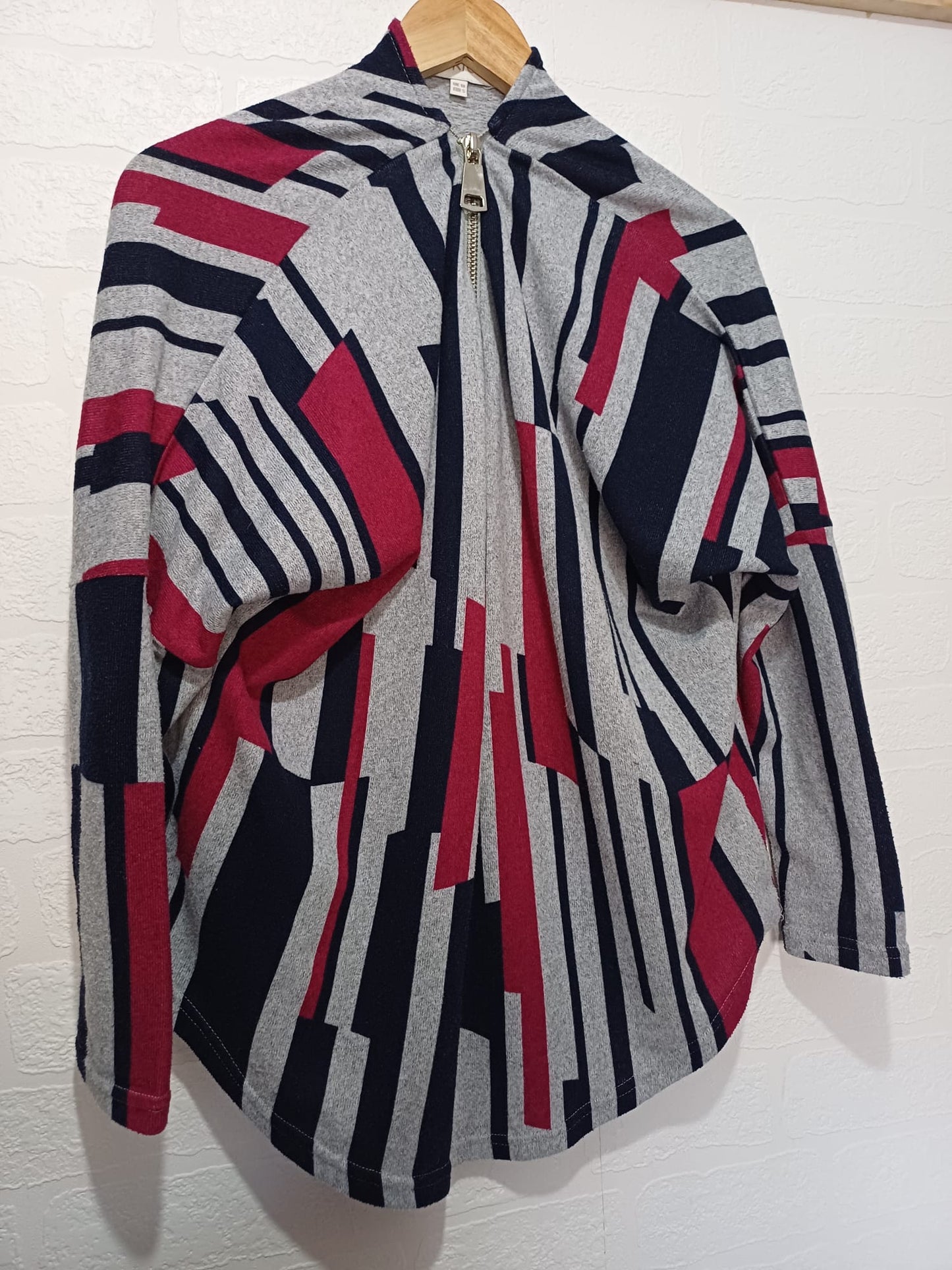 Women's Top Apricot Grey Burgundy Navy Blue Striped Zip Front High Neck Batwing Size 10 - Very Good Condition