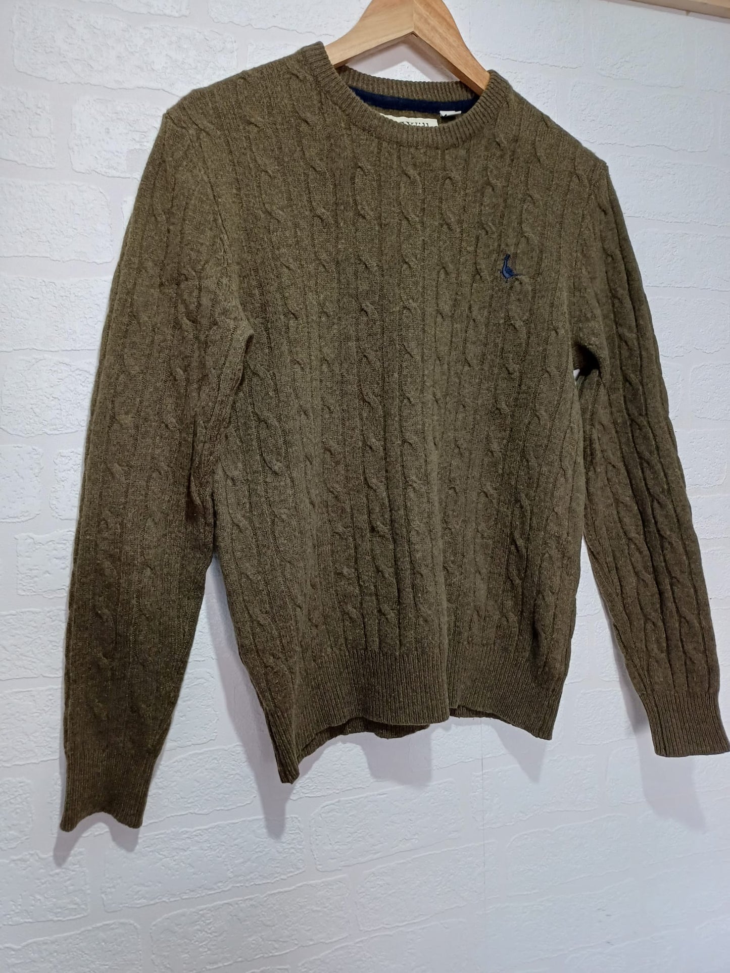 Men's Jumper Jack Wills Khaki Green Cable Knit Embroidered Logo Size XS - Very Good Condition