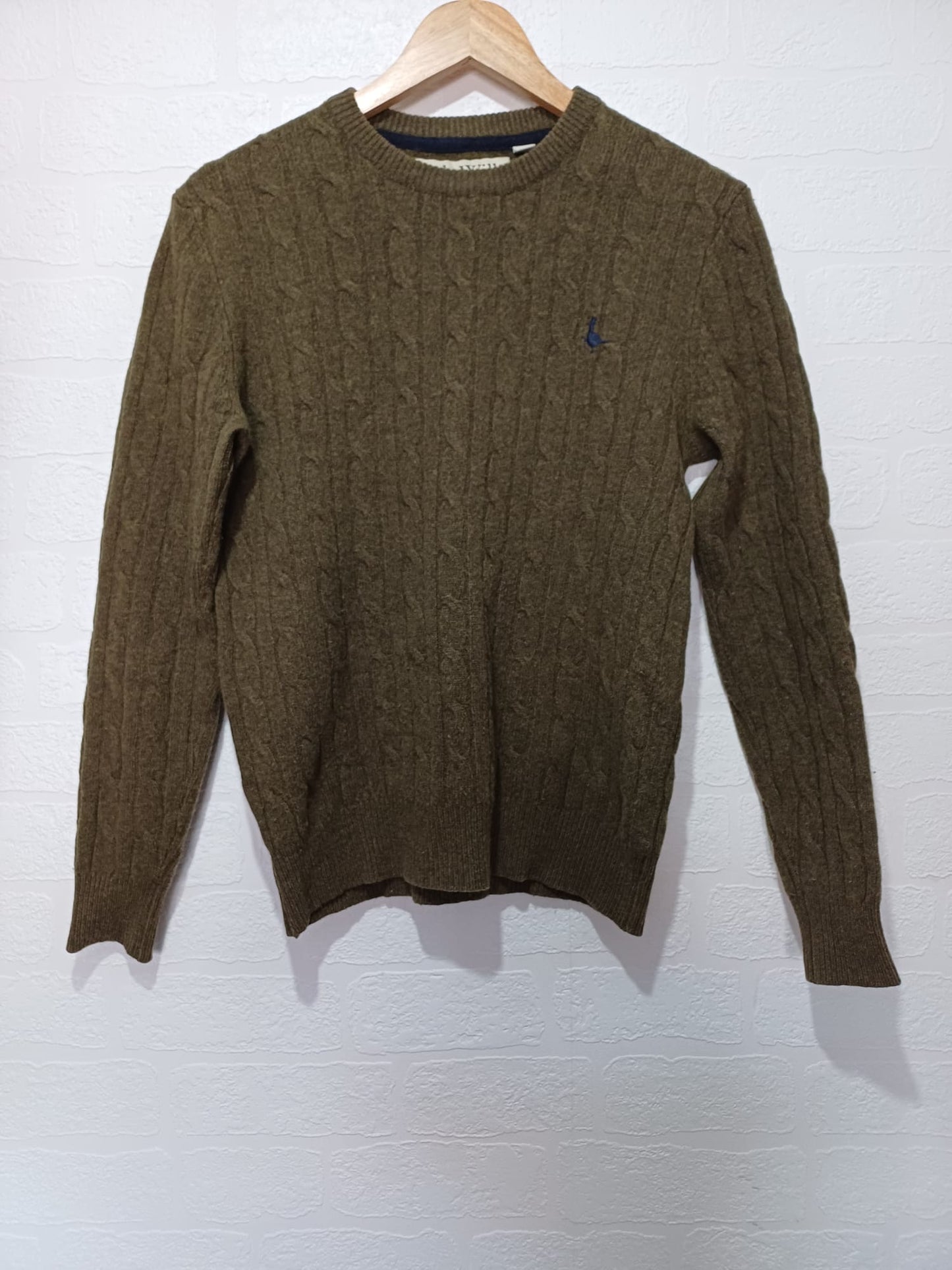 Men's Jumper Jack Wills Khaki Green Cable Knit Embroidered Logo Size XS - Very Good Condition