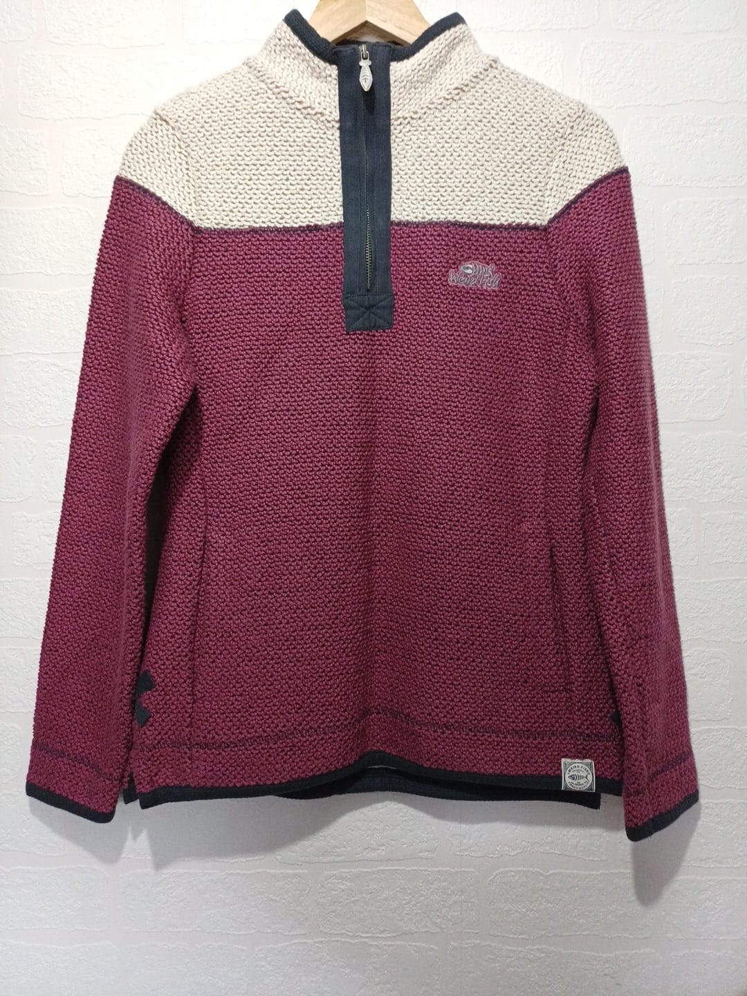 Women's Jumper Weird Fish Burgundy Cream Quarter Zip Knit Size 10 - Very Good Condition