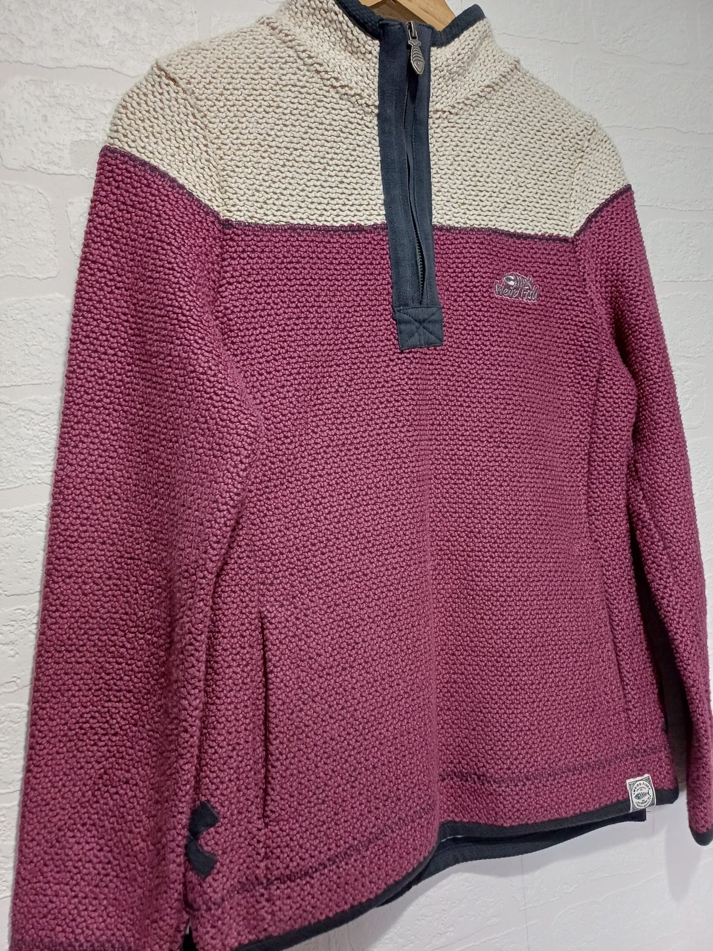 Women's Jumper Weird Fish Burgundy Cream Quarter Zip Knit Size 10 - Very Good Condition
