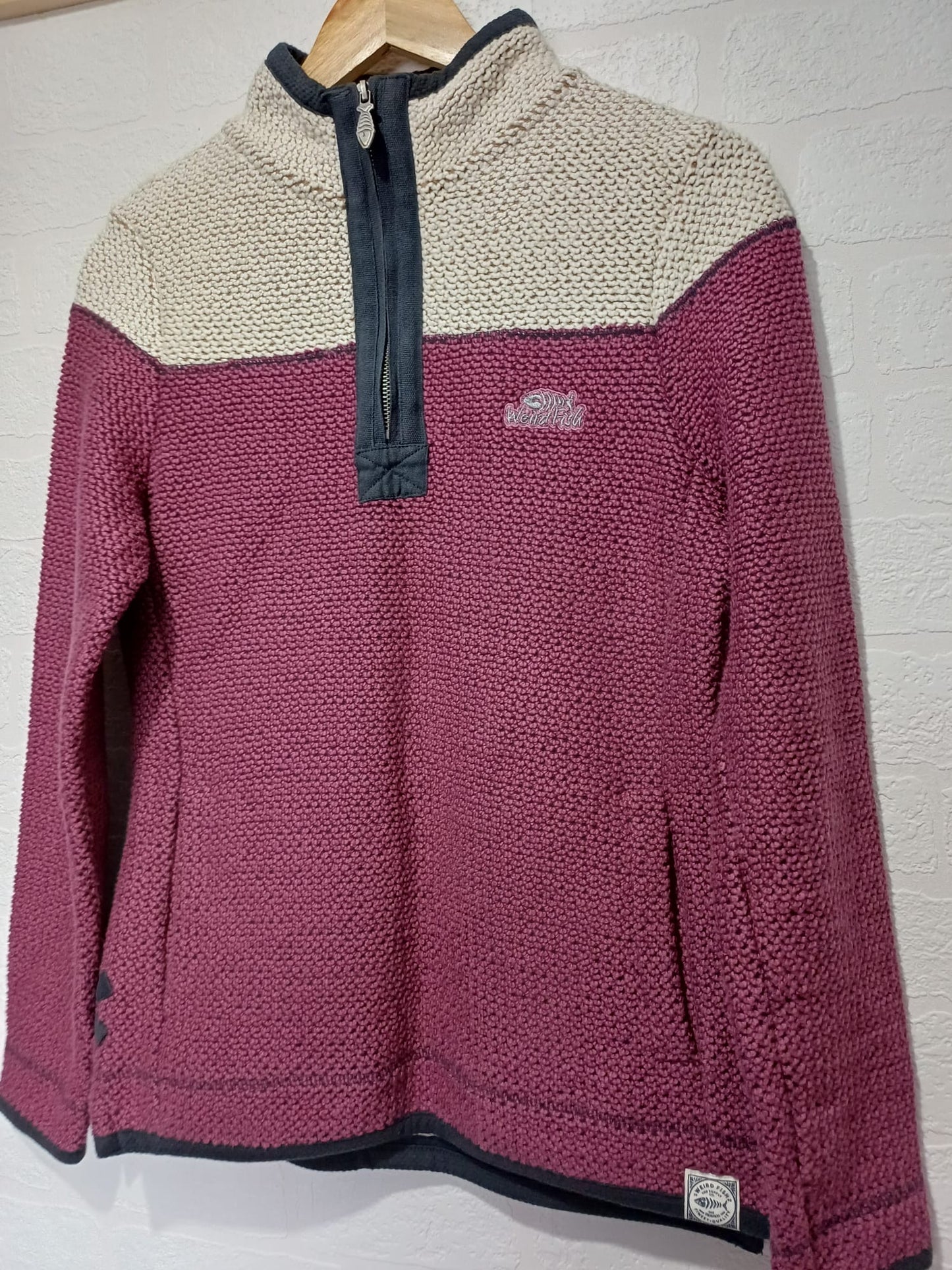 Women's Jumper Weird Fish Burgundy Cream Quarter Zip Knit Size 10 - Very Good Condition