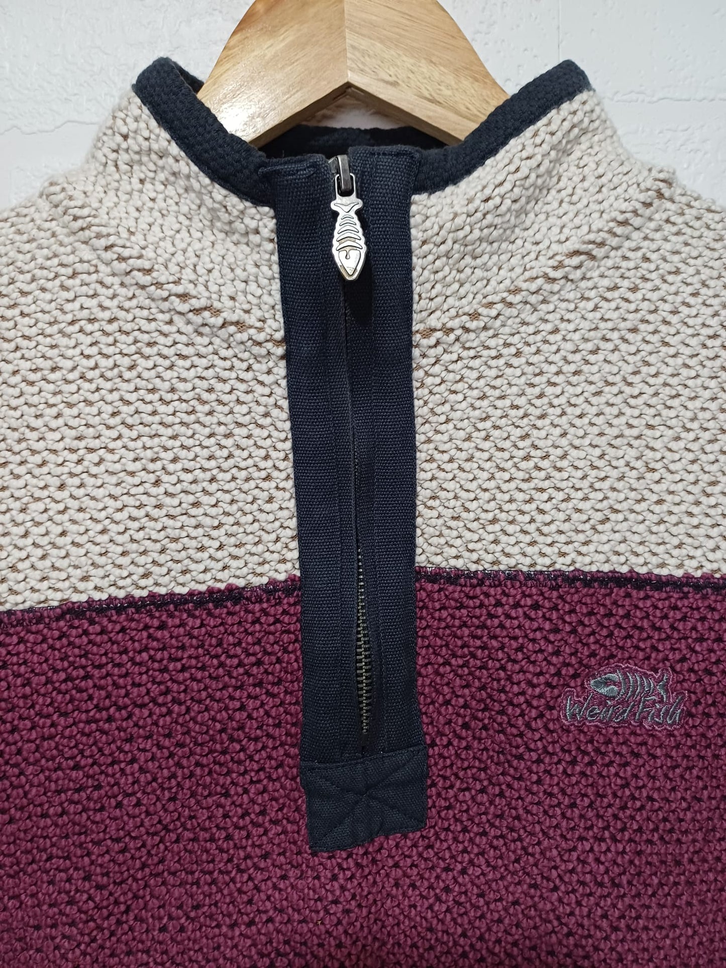 Women's Jumper Weird Fish Burgundy Cream Quarter Zip Knit Size 10 - Very Good Condition
