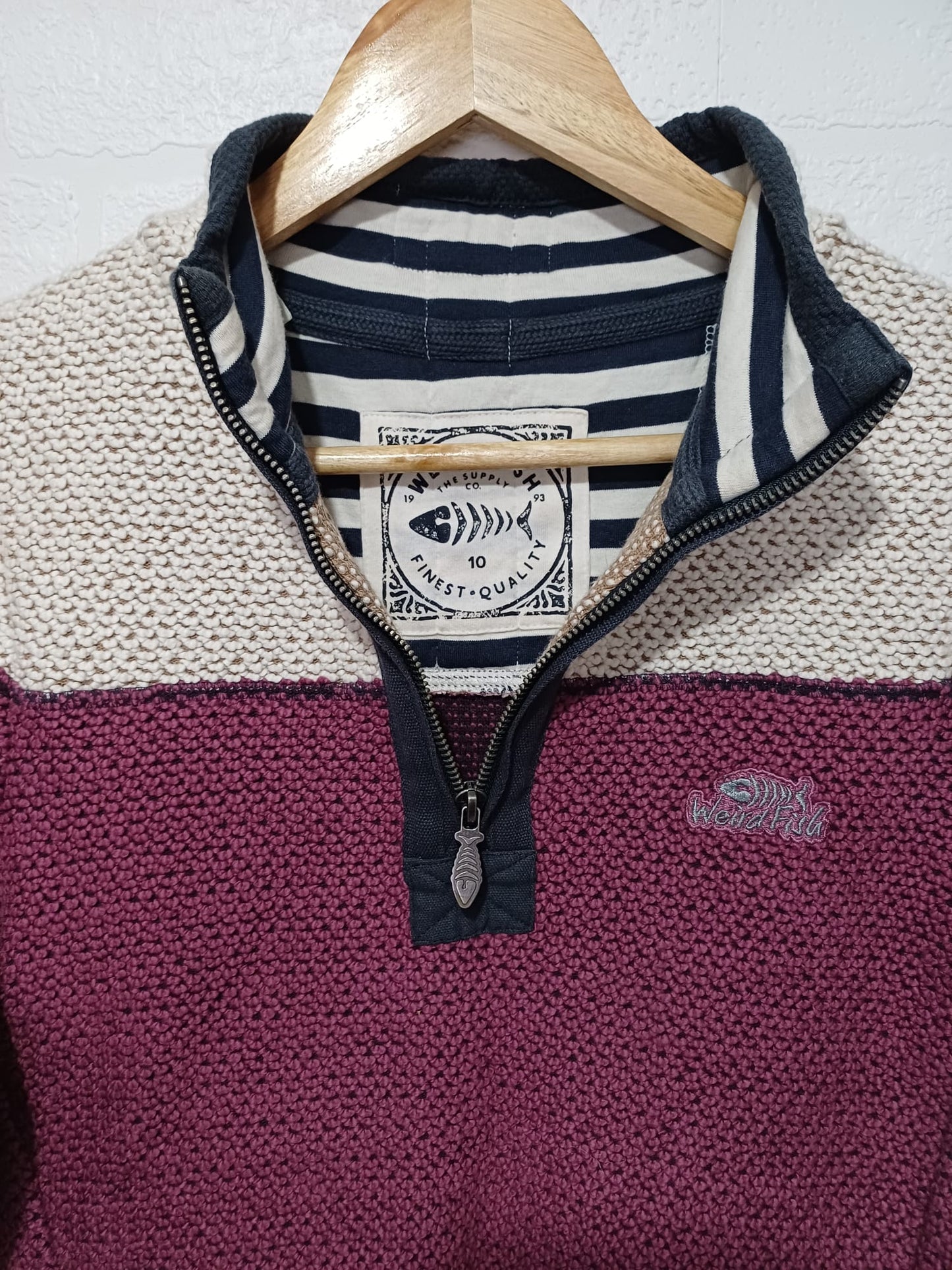 Women's Jumper Weird Fish Burgundy Cream Quarter Zip Knit Size 10 - Very Good Condition