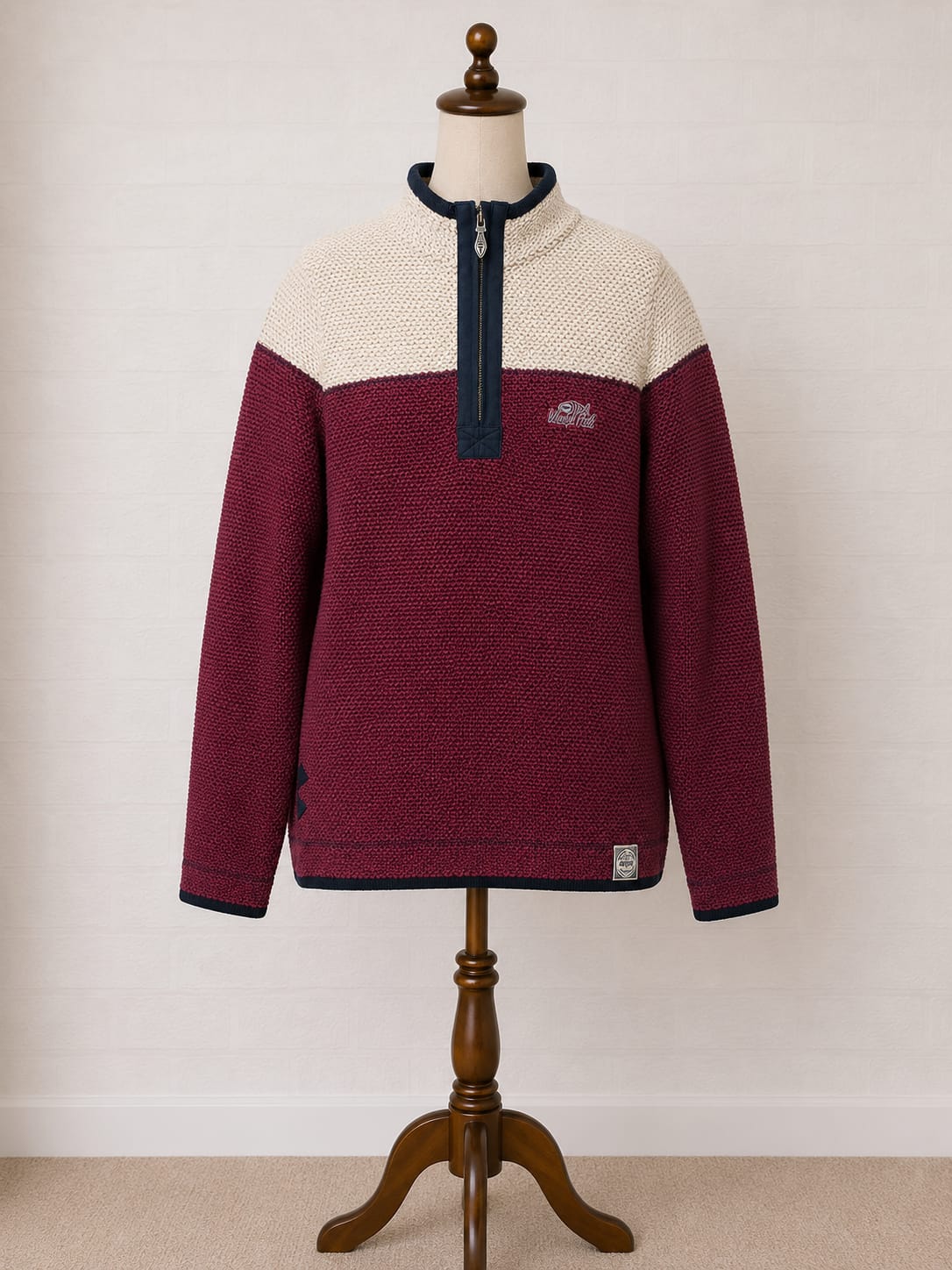 Women's Jumper Weird Fish Burgundy Cream Quarter Zip Knit Size 10 - Very Good Condition
