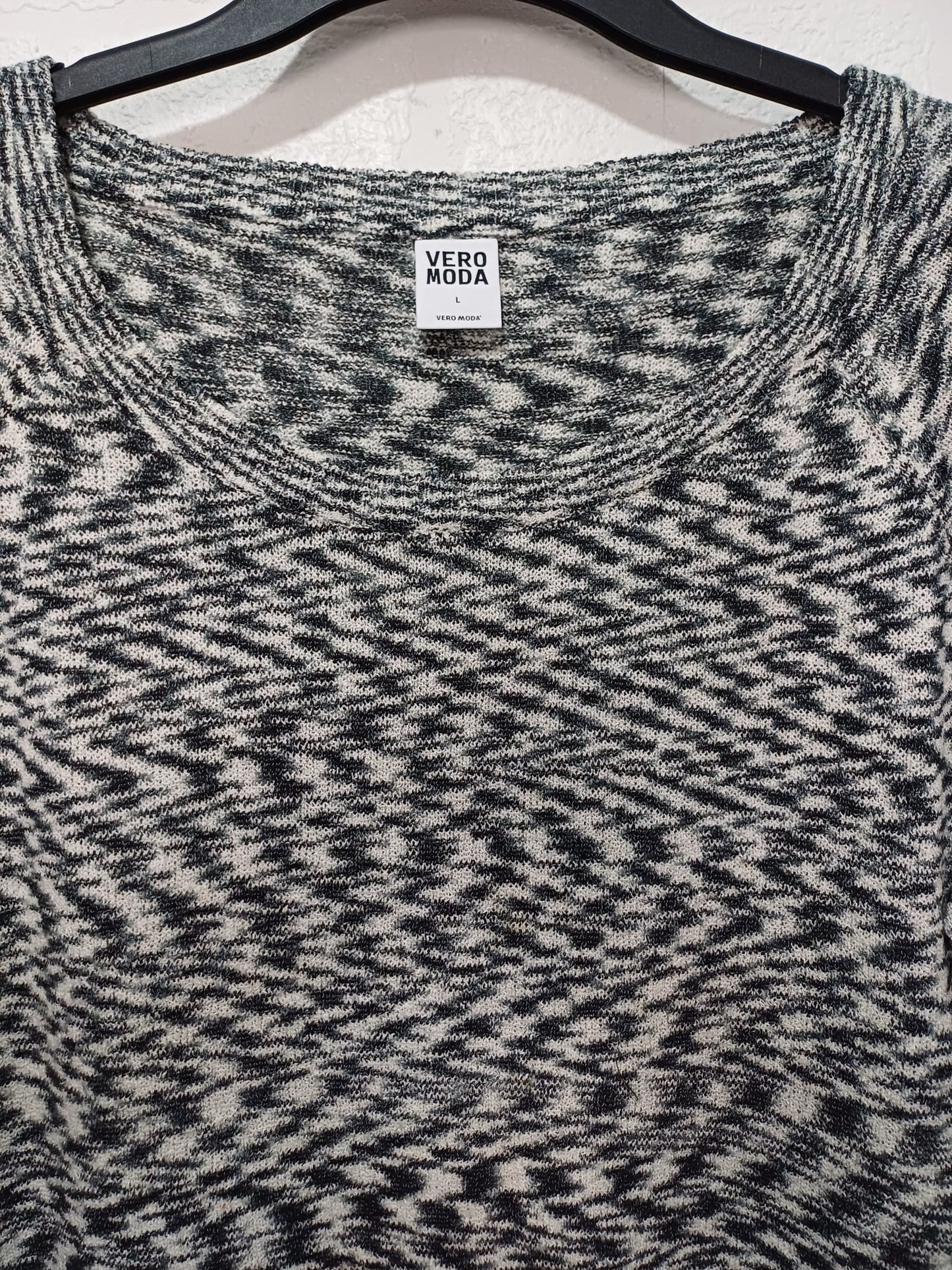 Women's Jumper Vero Moda Black Cream Oversized Knit Scoop Neck 3/4 Sleeve Size L - Very Good Condition