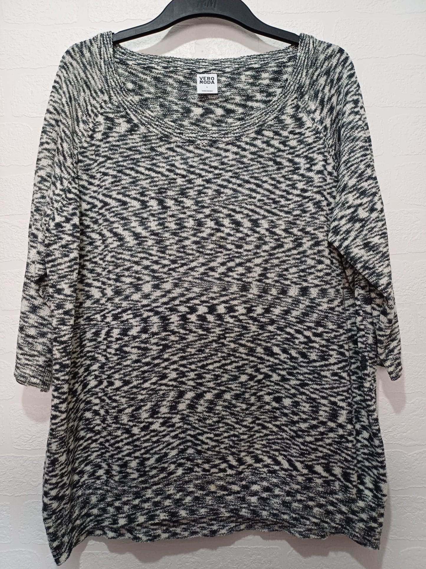 Women's Jumper Vero Moda Black Cream Oversized Knit Scoop Neck 3/4 Sleeve Size L - Very Good Condition