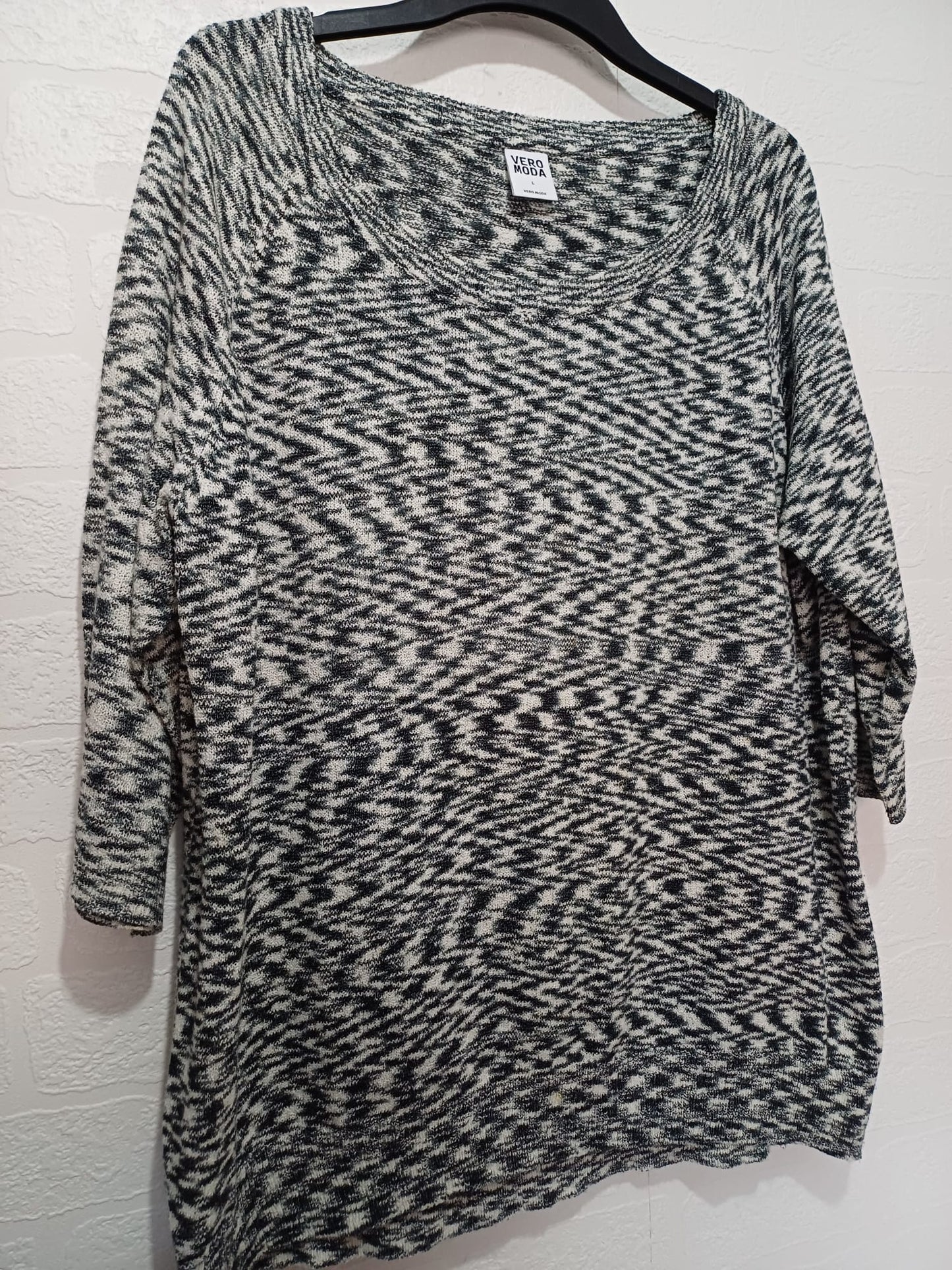 Women's Jumper Vero Moda Black Cream Oversized Knit Scoop Neck 3/4 Sleeve Size L - Very Good Condition