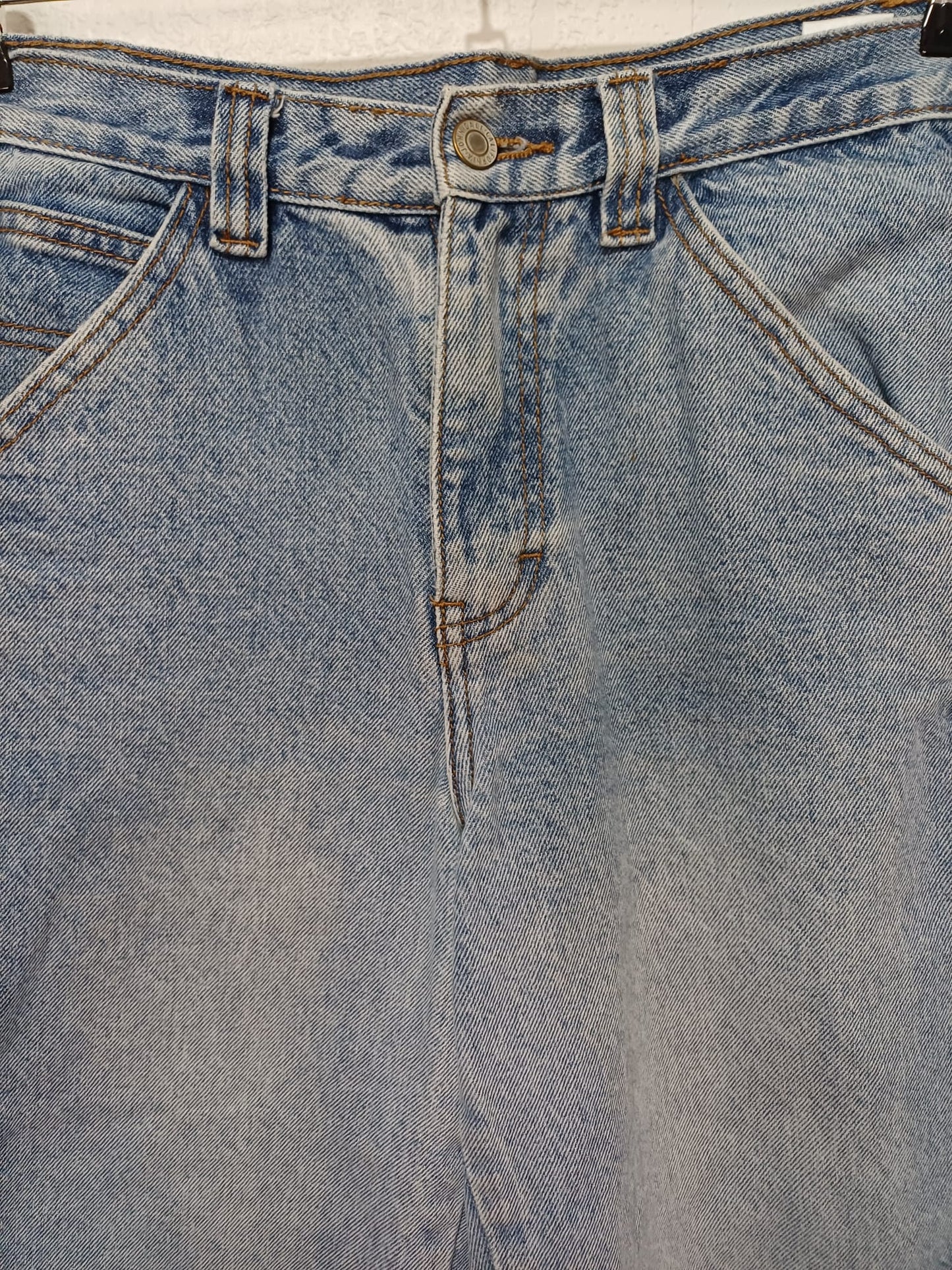 Women's Jeans J.Galt Shanghai Blue Denim Cropped Wide Leg Carpenter Style Embroidered Star Raw Hem Size S/W28 - Good Condition