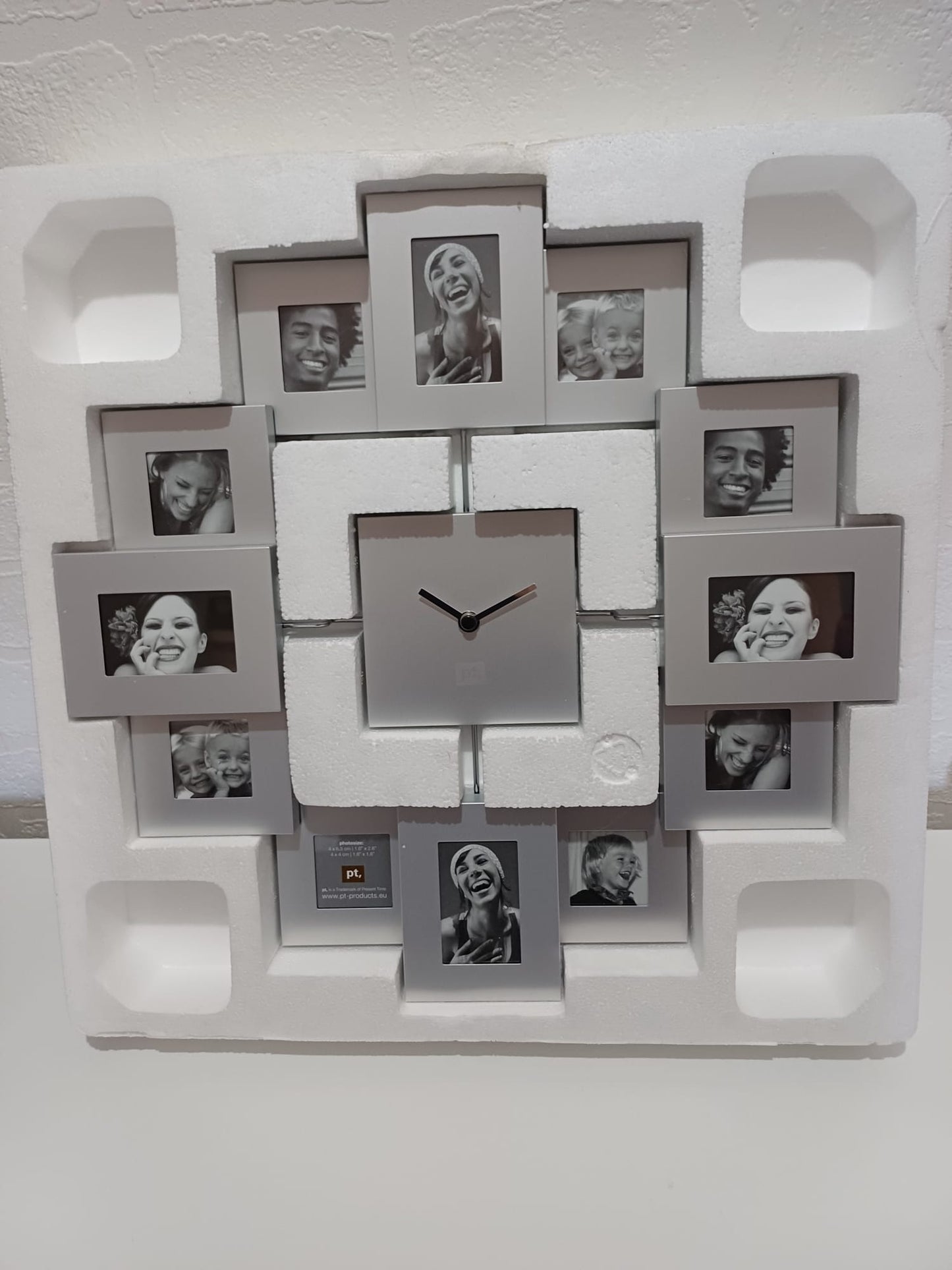 Wall Clock with Photo Frame Silver Family Time 40cm x 40cm Holds 12 Photos - Brand New