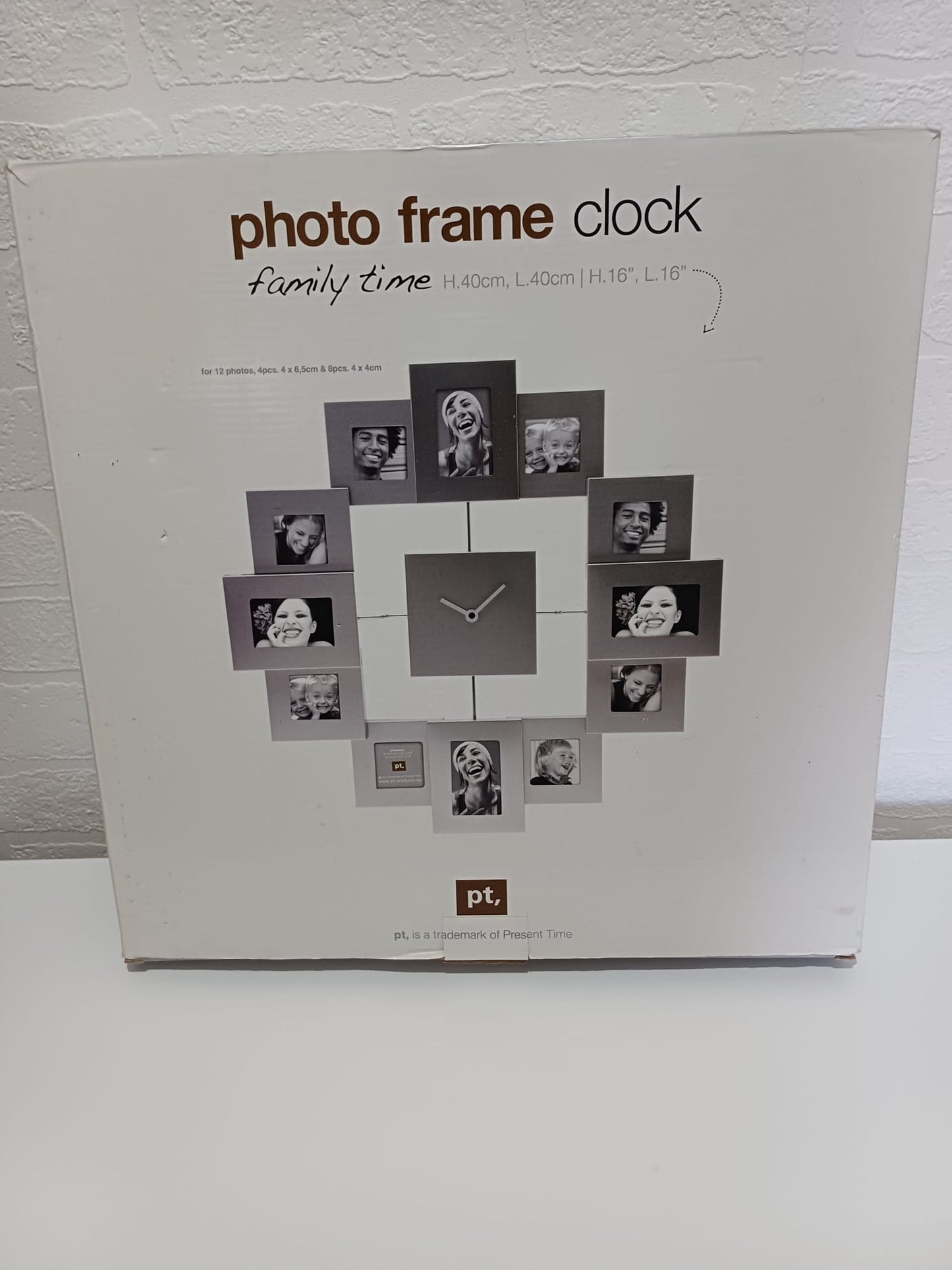 Wall Clock with Photo Frame Silver Family Time 40cm x 40cm Holds 12 Photos - Brand New