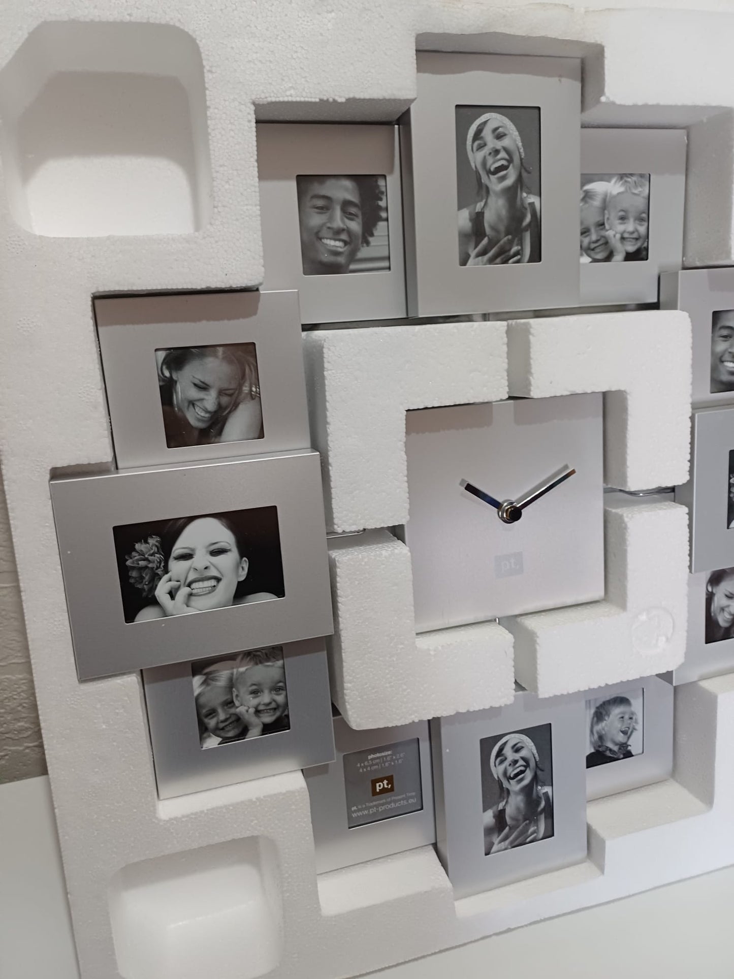 Wall Clock with Photo Frame Silver Family Time 40cm x 40cm Holds 12 Photos - Brand New