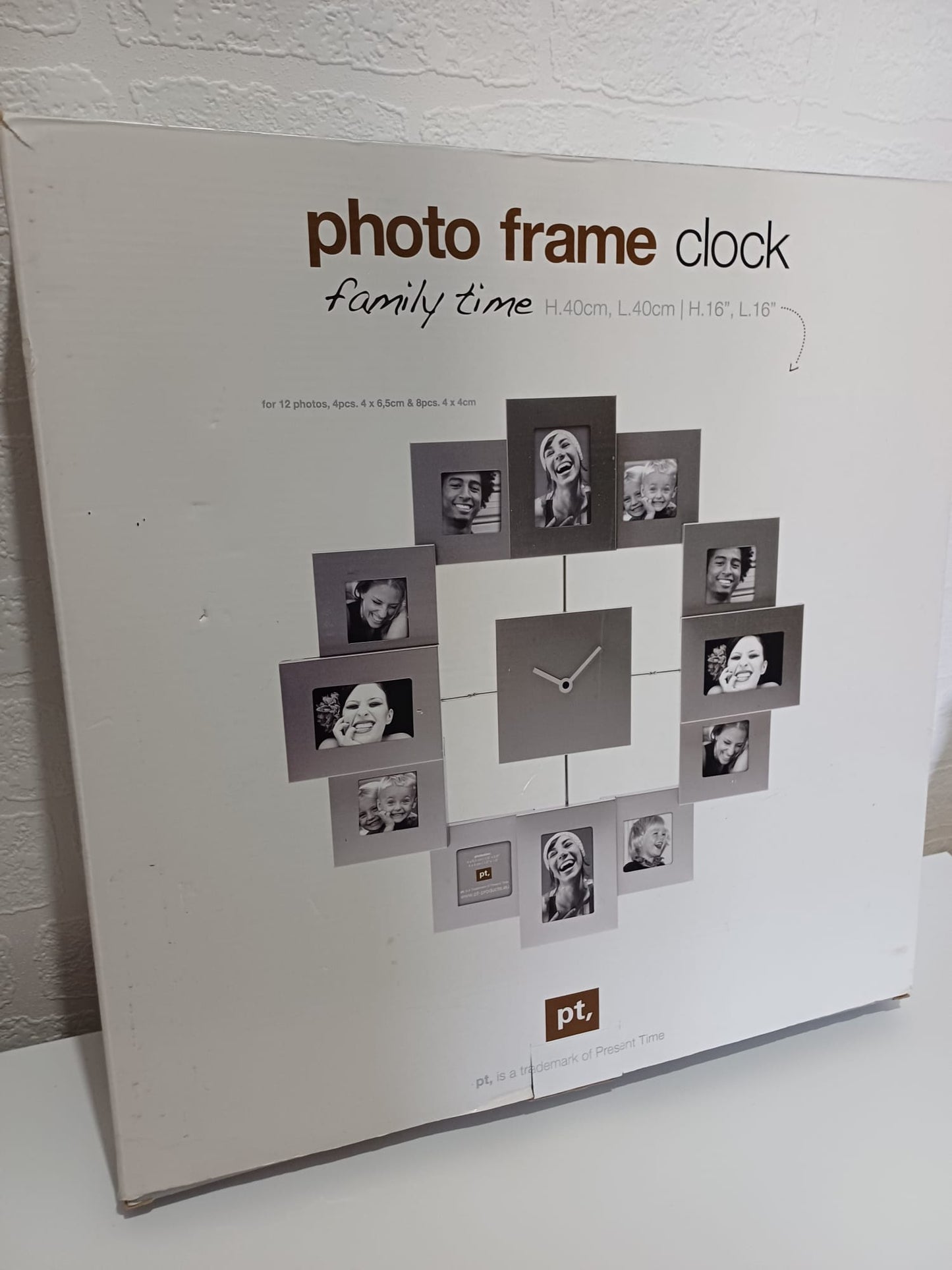Wall Clock with Photo Frame Silver Family Time 40cm x 40cm Holds 12 Photos - Brand New