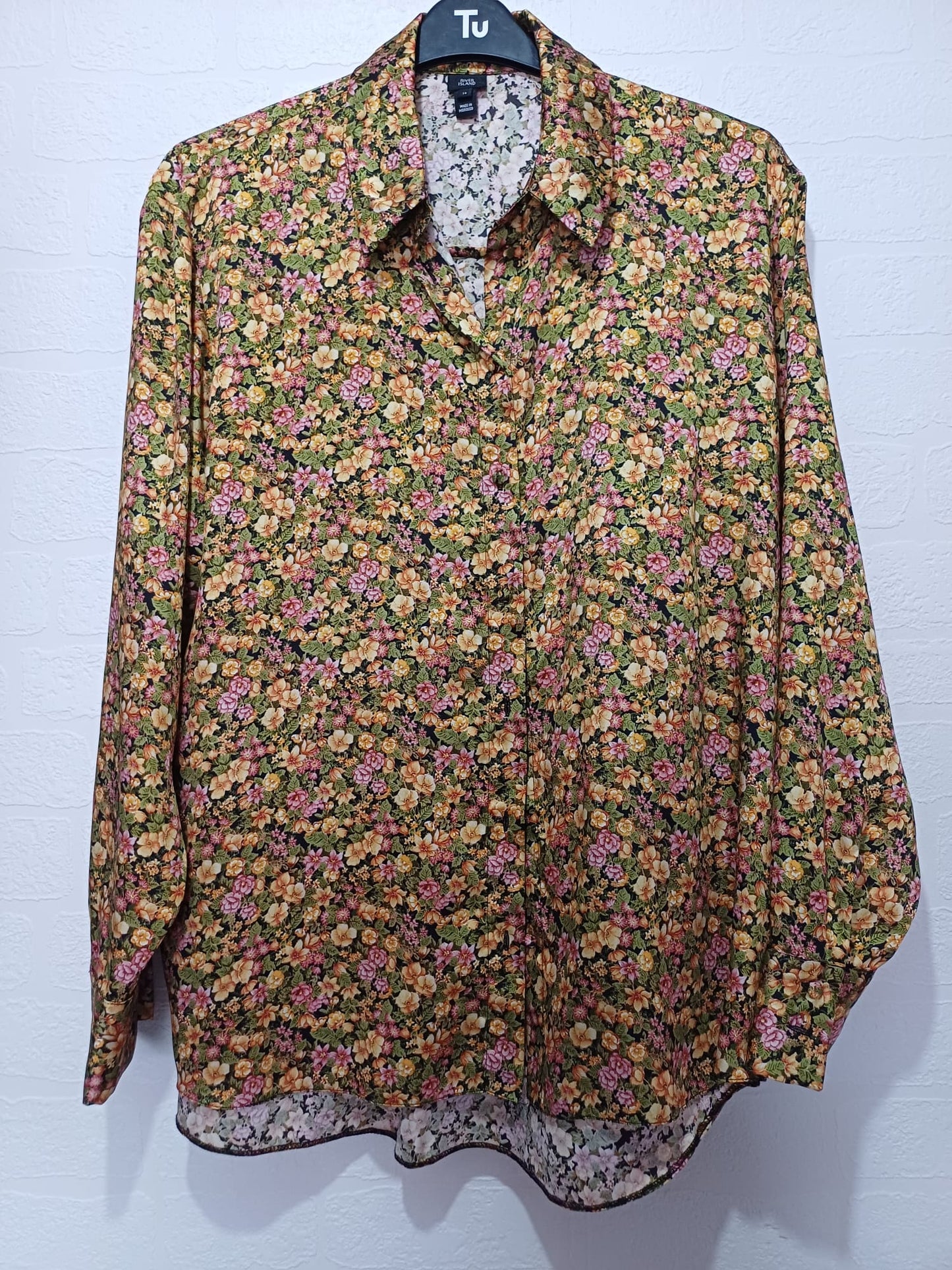 Women's Blouse River Island Mustard Multi Colour Long Sleeve Button Front Size 14 Approx. 24" PTP - Very Good Condition