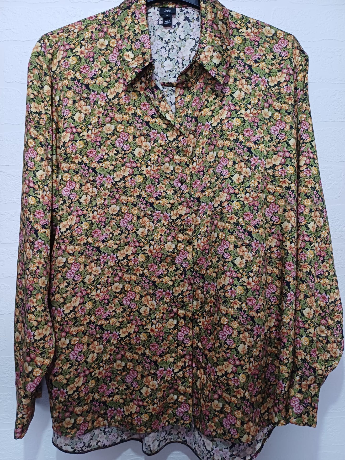 Women's Blouse River Island Mustard Multi Colour Long Sleeve Button Front Size 14 Approx. 24" PTP - Very Good Condition