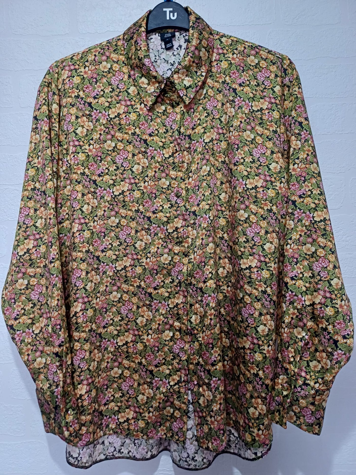 Women's Blouse River Island Mustard Multi Colour Long Sleeve Button Front Size 14 Approx. 24" PTP - Very Good Condition