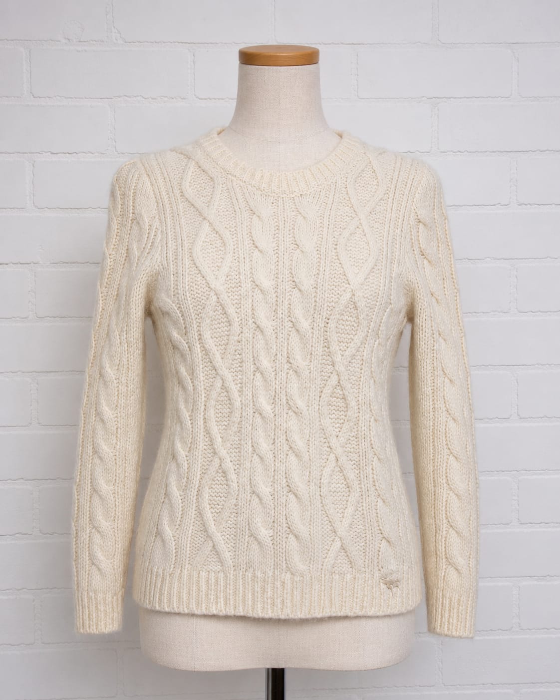 Women's Jumper Abercrombie & Fitch Cream Cable Knit Alpaca Crew Neck Embroidered Moose Logo Size Large - Good Condition