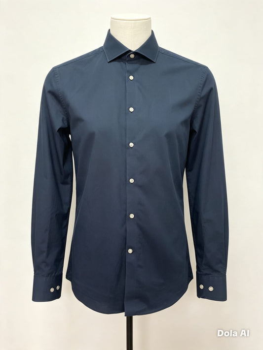 Men's Shirt Collection Navy Blue Long Sleeve Button Front Slim Fit 14.5" Neck Approx. 18" PTP - Great Condition