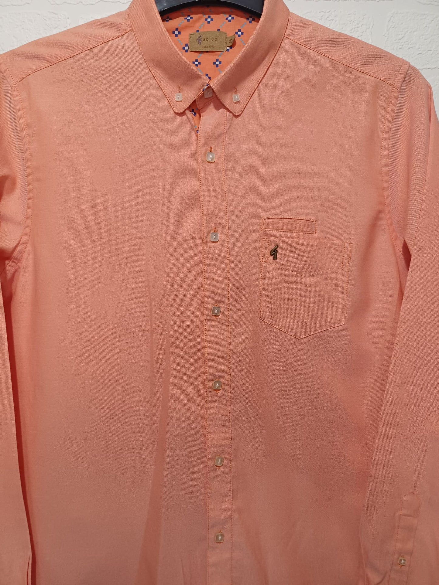 Men's Shirt Gabicci Peach Pink Oxford Long Sleeve Medium Approx. 20" PTP - Excellent Condition