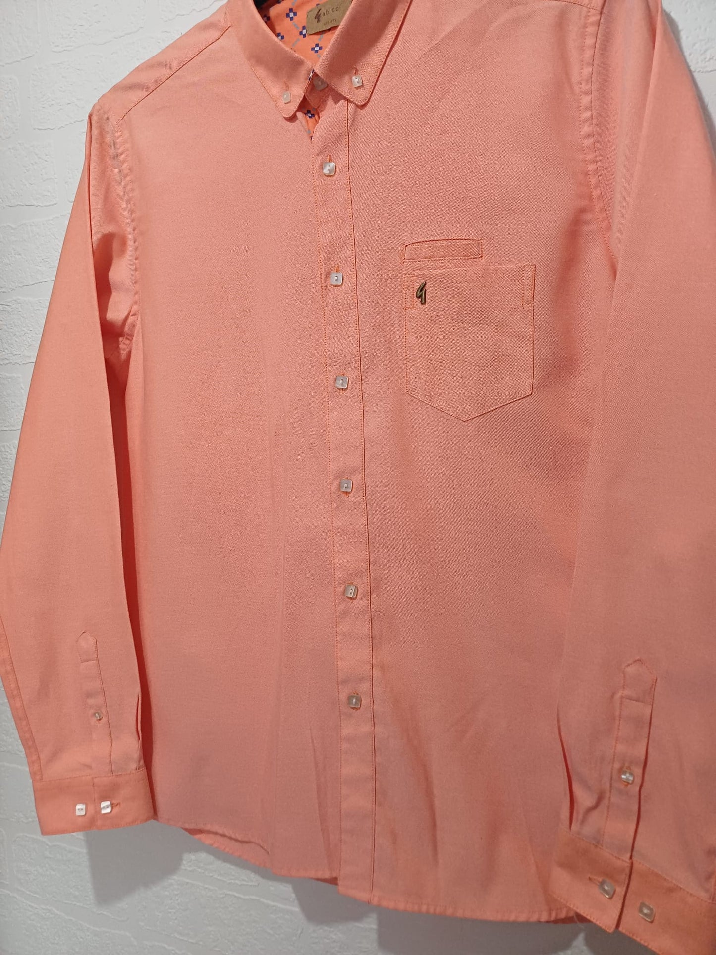 Men's Shirt Gabicci Peach Pink Oxford Long Sleeve Medium Approx. 20" PTP - Excellent Condition