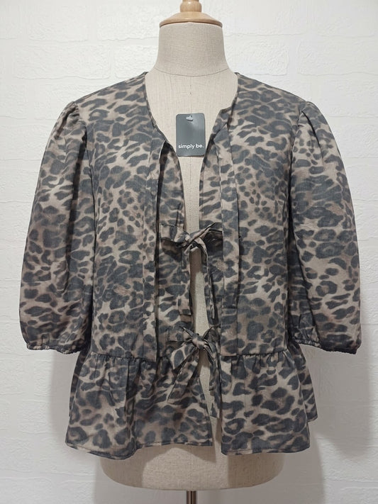 Women's Blouse Simply Be Leopard Print Tie Front Peplum Puff Sleeve Plus Size 22 - Brand New With Tags