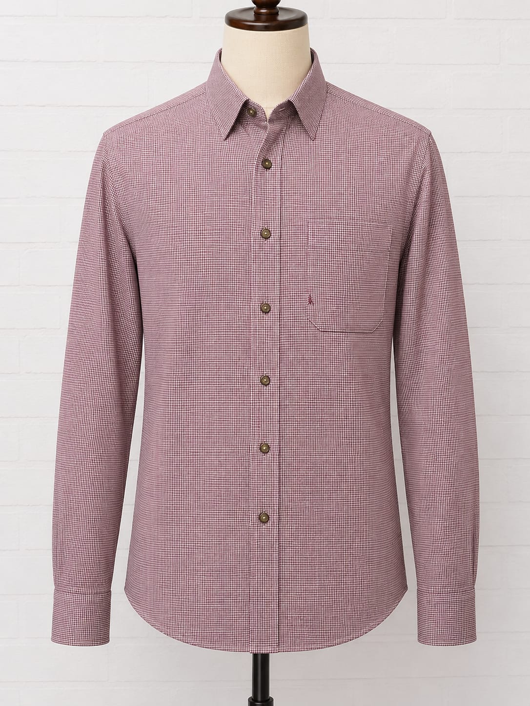 Men's Shirt M&S Burgundy Houndstooth Pure Cotton Twill Long Sleeve Size 17.5" Collar (XL/2XL) Approx. 27" PTP - Excellent Condition