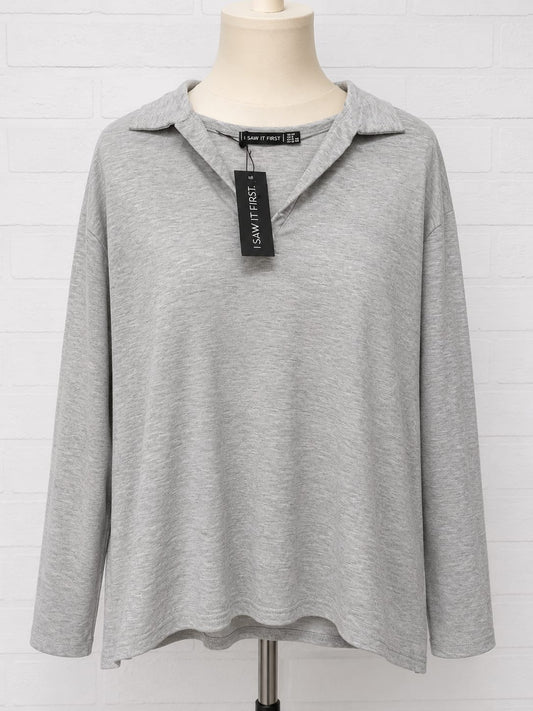 Women's polo style Top I Saw It First Grey Oversized Long Sleeve Size 10 Approx. 23" PTP - Brand New With Tags