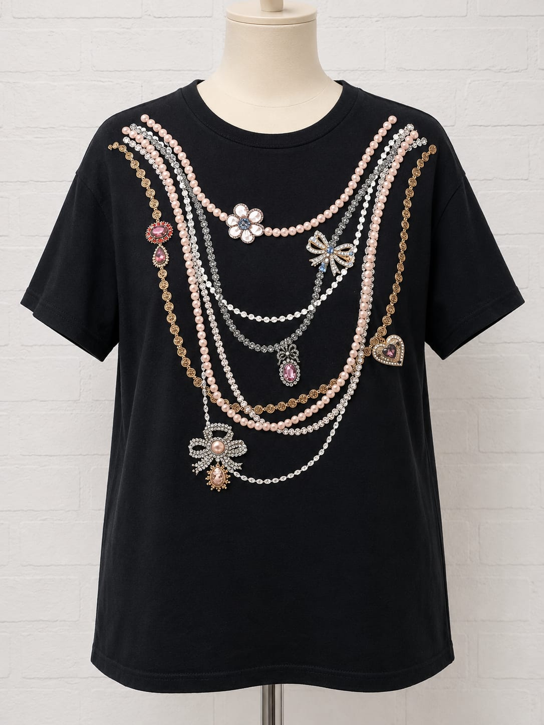 Women's T-Shirt River Island Black Jewellery Print Size S Approx. 19" PTP - Excellent Condition